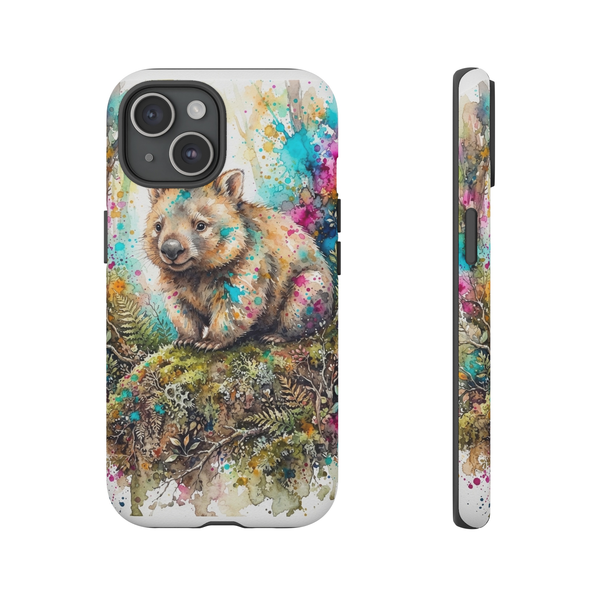 A whimsical wombat rendered in soft watercolor washes blended with vibrant alcohol ink splatters, perched on a mossy bank with muted earth tones contrasted by bright turquoise and magenta highlights.