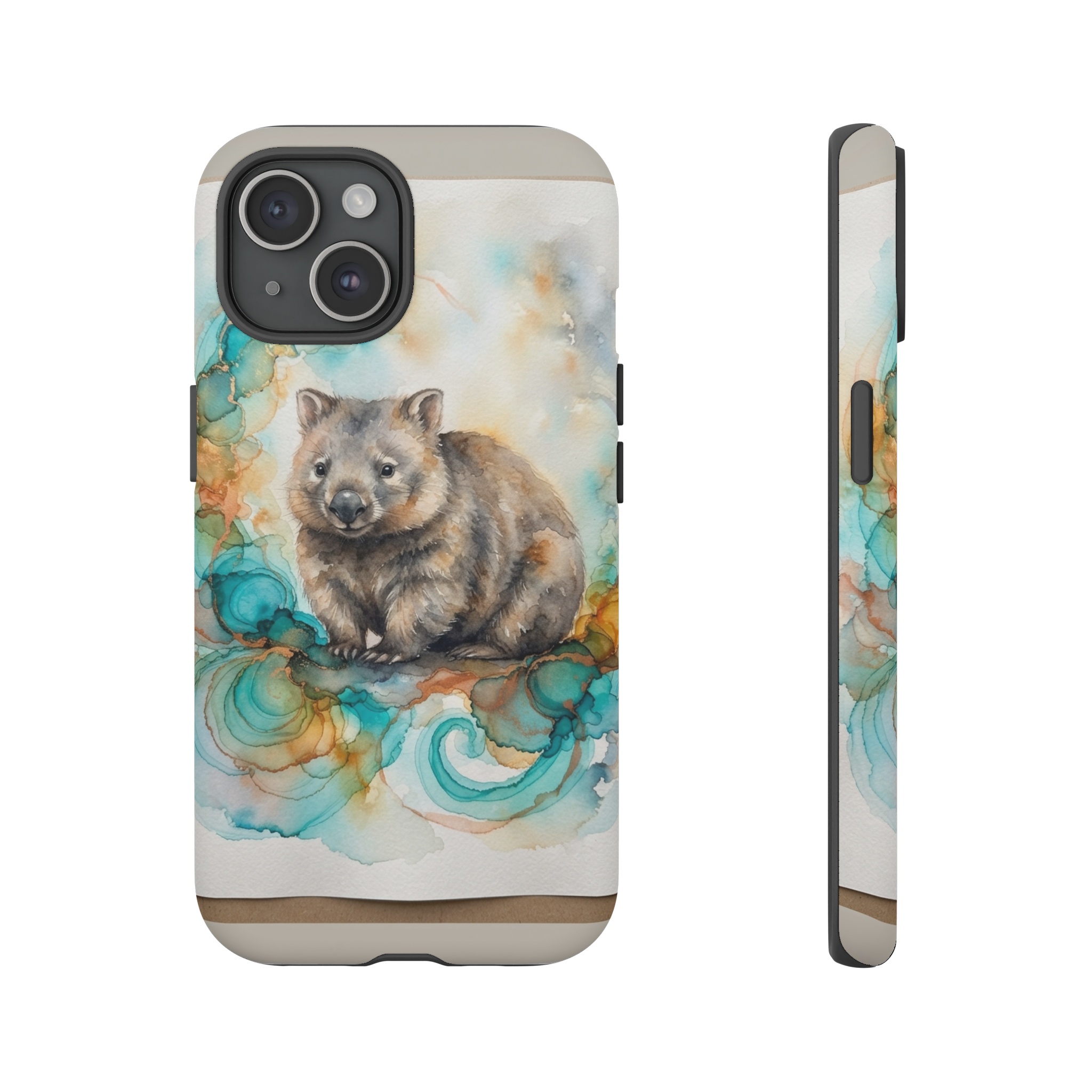A plump wombat sits amid swirling teal and amber alcohol‑ink swirls, rendered in soft watercolor washes that blend into a luminous, misty background.
