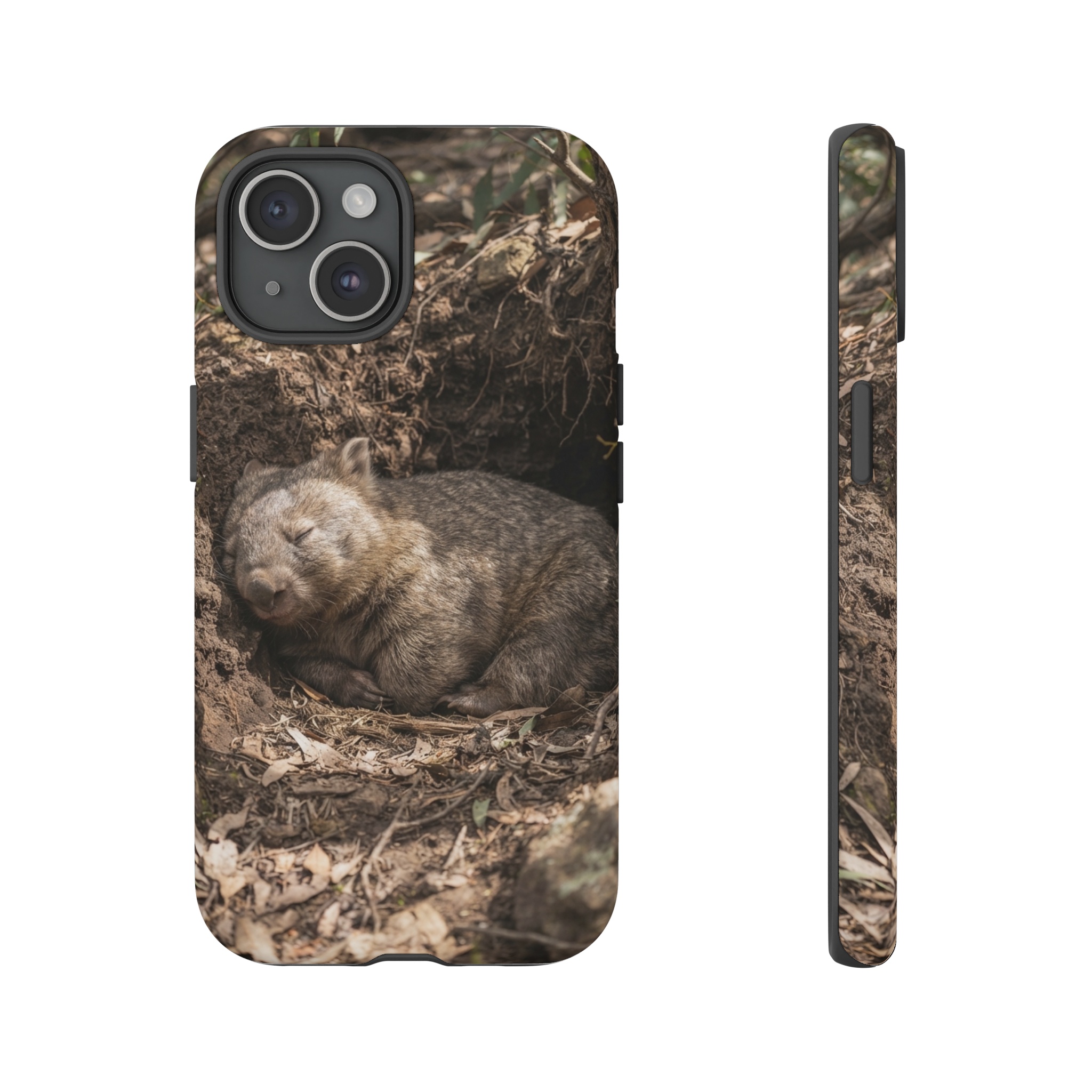A sleepy wombat rests in a shallow burrow, its brown fur blended with earthy tones of the surrounding soil, illuminated by soft, dappled sunlight filtering through nearby eucalyptus leaves.