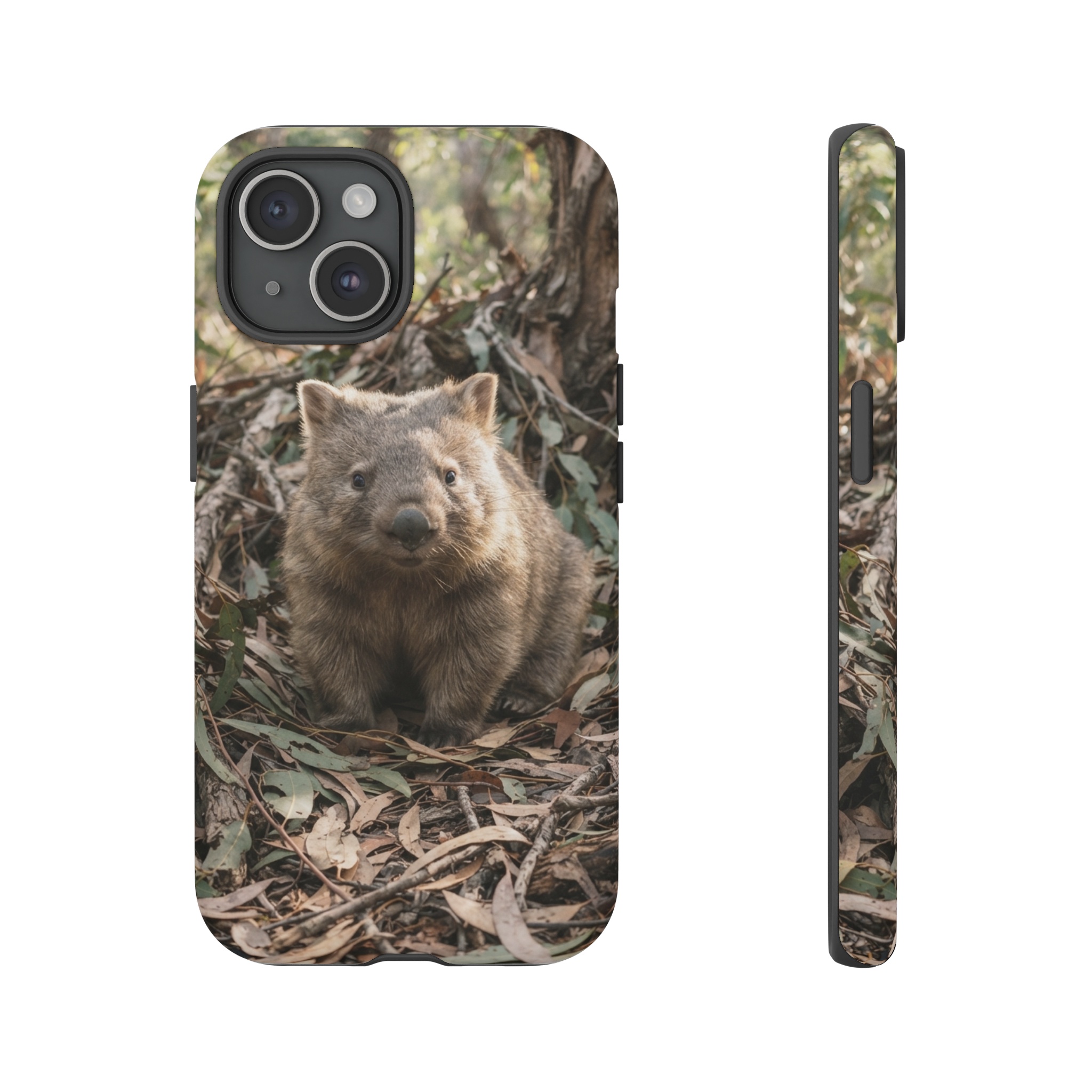 A curious wombat sits amid a tumble of eucalyptus leaves, its soft brown fur illuminated by gentle dappled sunlight, the composition centered with muted greens and earthy tones surrounding it.