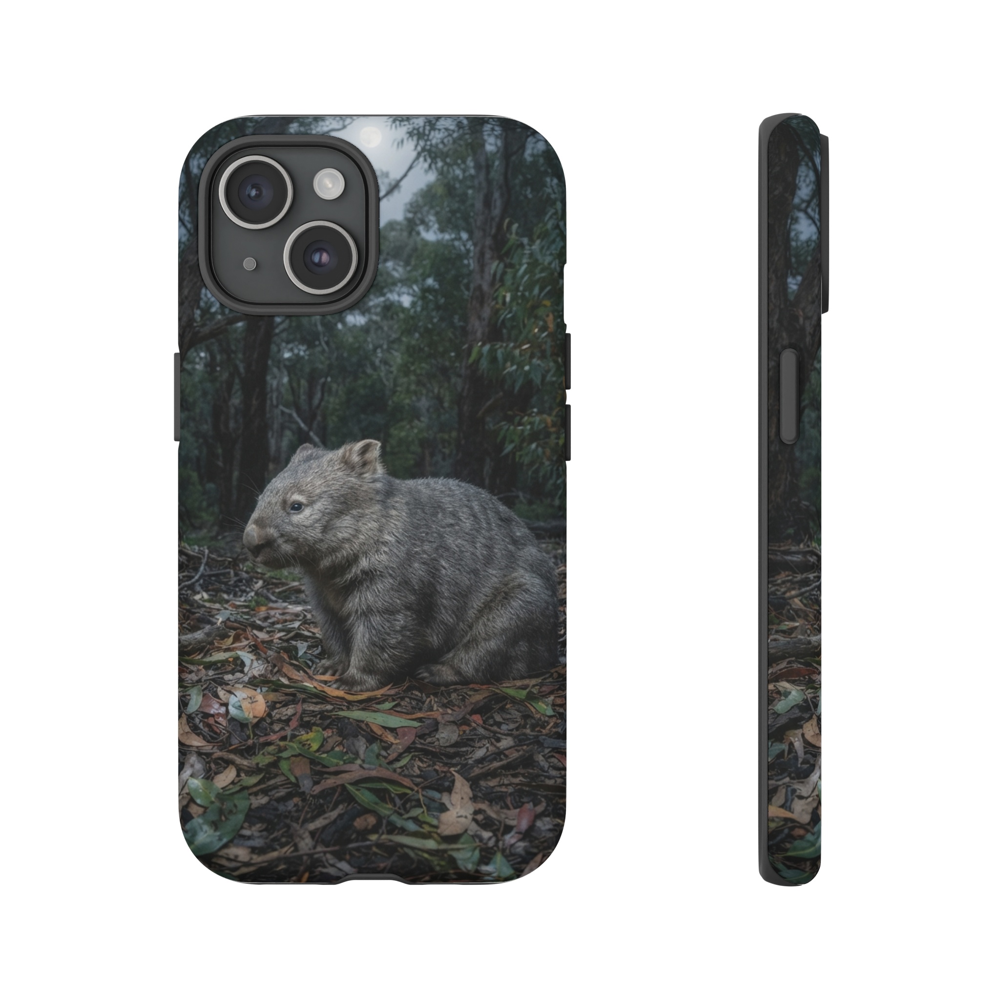 A lone wombat sits in a moonlit eucalyptus forest, its grey fur illuminated by soft silver light, while fallen leaves in muted ochre and deep green surround it in a serene, quiet composition.