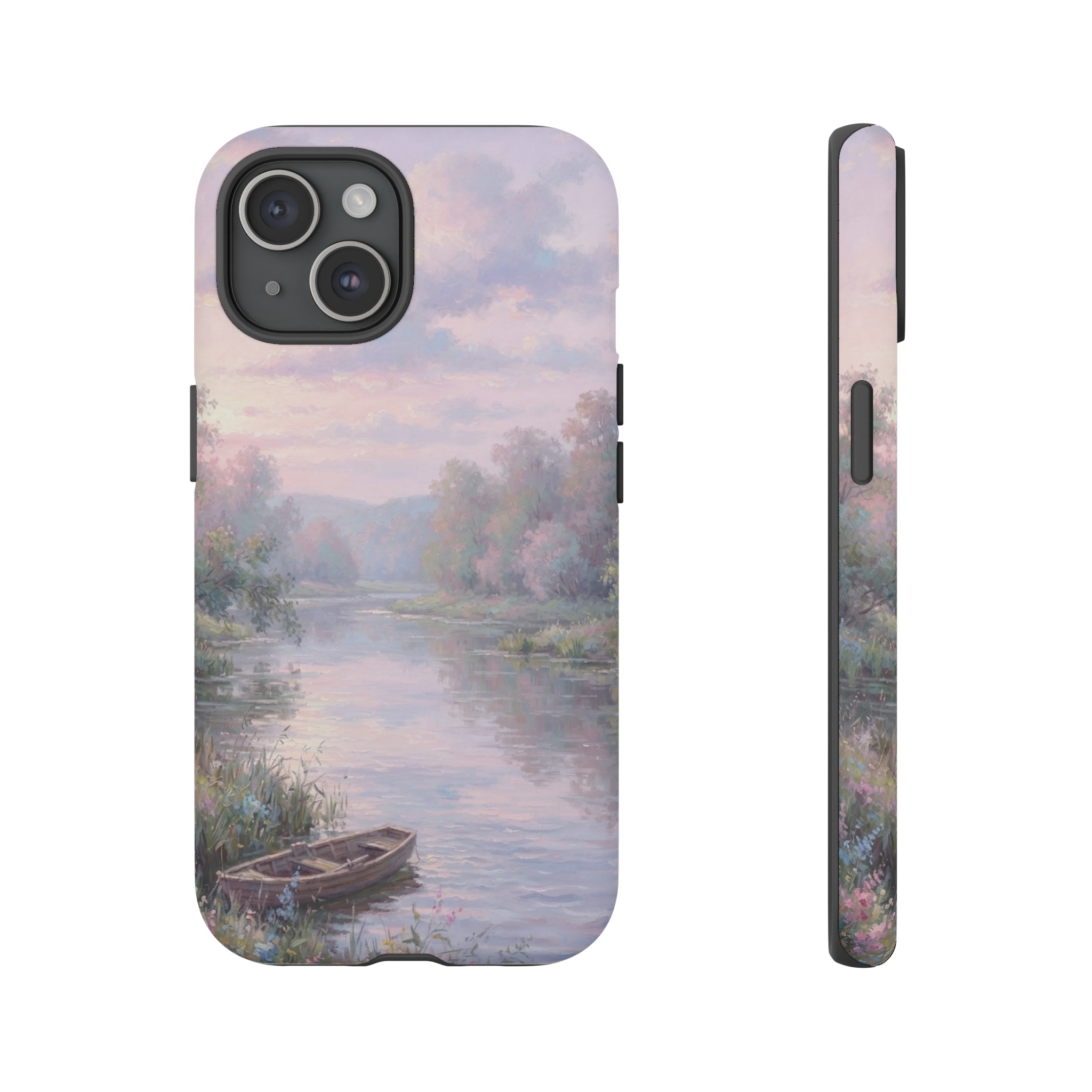 A serene riverbank scene bathed in soft pastel hues, where fluffy clouds drift across a pale lavender‑pink sky, their reflections shimmering on gentle ripples of water surrounded by hazy, impressionistic trees.