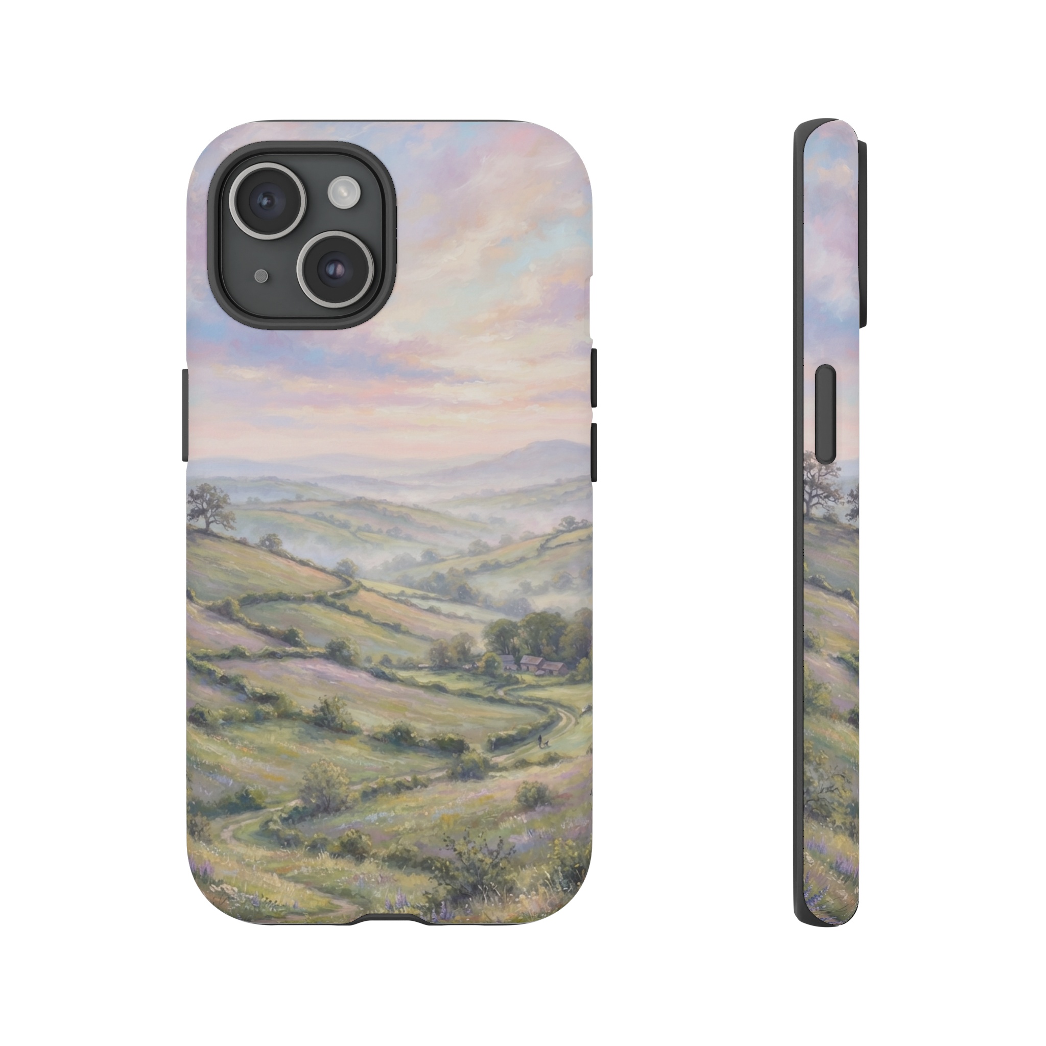 A sweeping landscape of gently rolling hills under a pastel sky, where soft pinks, blues, and lavender blend in loose, luminous strokes, the light diffused across the scene like early morning haze.