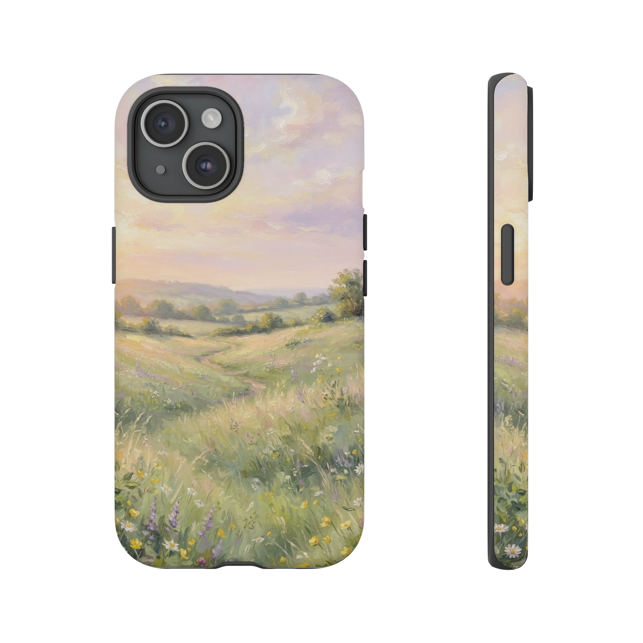 A gentle meadow of soft green grass under a hazy pastel sky of pink, lilac, and buttery yellow, with light brushstrokes suggesting fleeting clouds and warm afternoon light.