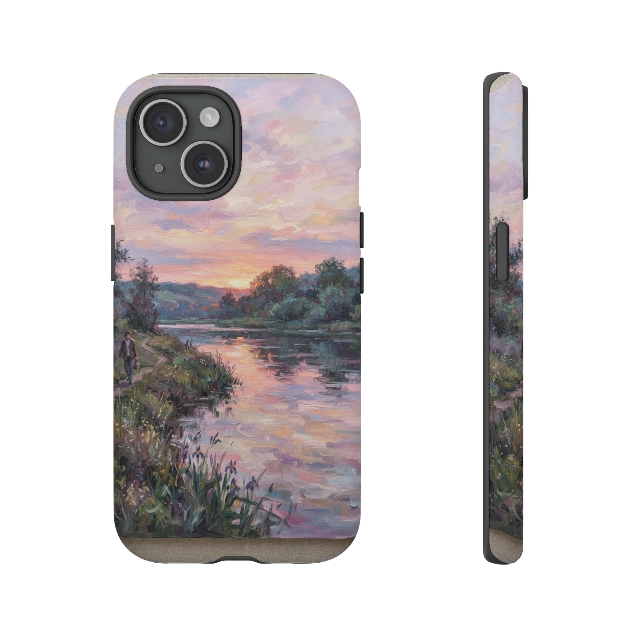 A gentle, pastel-hued sky stretches above a riverbank, with soft pink, lavender, and pale gold clouds reflected in the water, rendered in loose, swirling brushstrokes that capture the fleeting light of early evening.