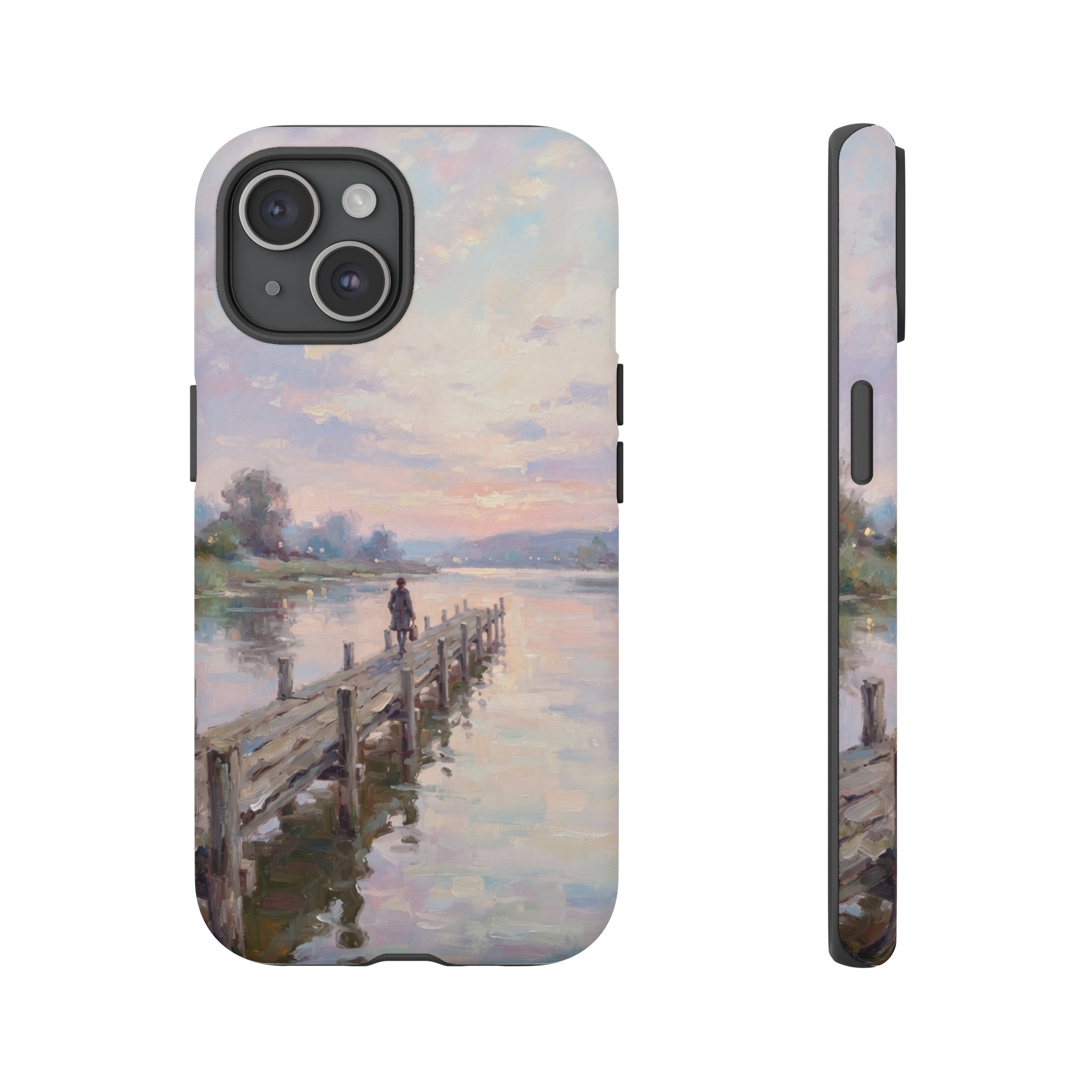 A quiet riverside pier stretches into a soft pastel sky, where gentle pinks and lavender strokes blend with dappled light, while the water reflects the fleeting colors in smooth, impressionistic brushwork.