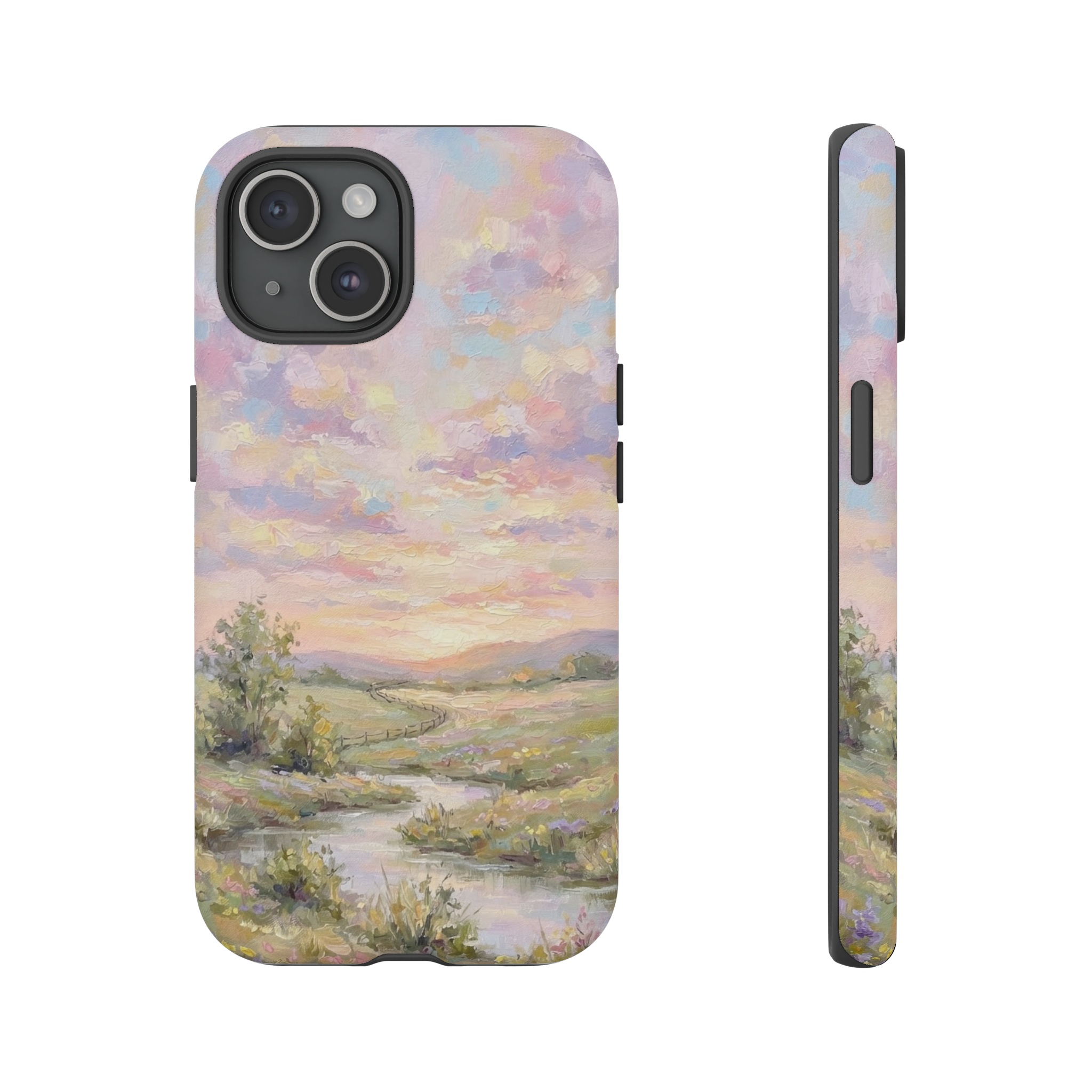 A gentle, pastel-hued sky rendered in loose, dappled brushstrokes stretches across the canvas, with soft pinks, lilac blues, and muted yellows blending together like a fleeting sunrise over a tranquil meadow.