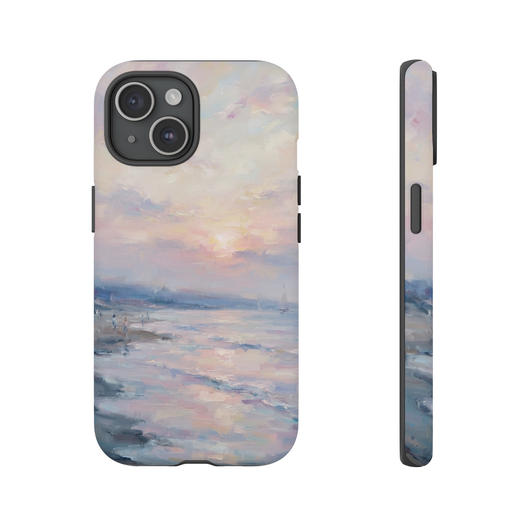 A breezy seaside scene where soft pastel clouds drift across a hazy sky, rendered in loose, shimmering brushstrokes that blend pinks, lilacs, and pale golds, with a quiet shoreline barely hinted at in muted blues.