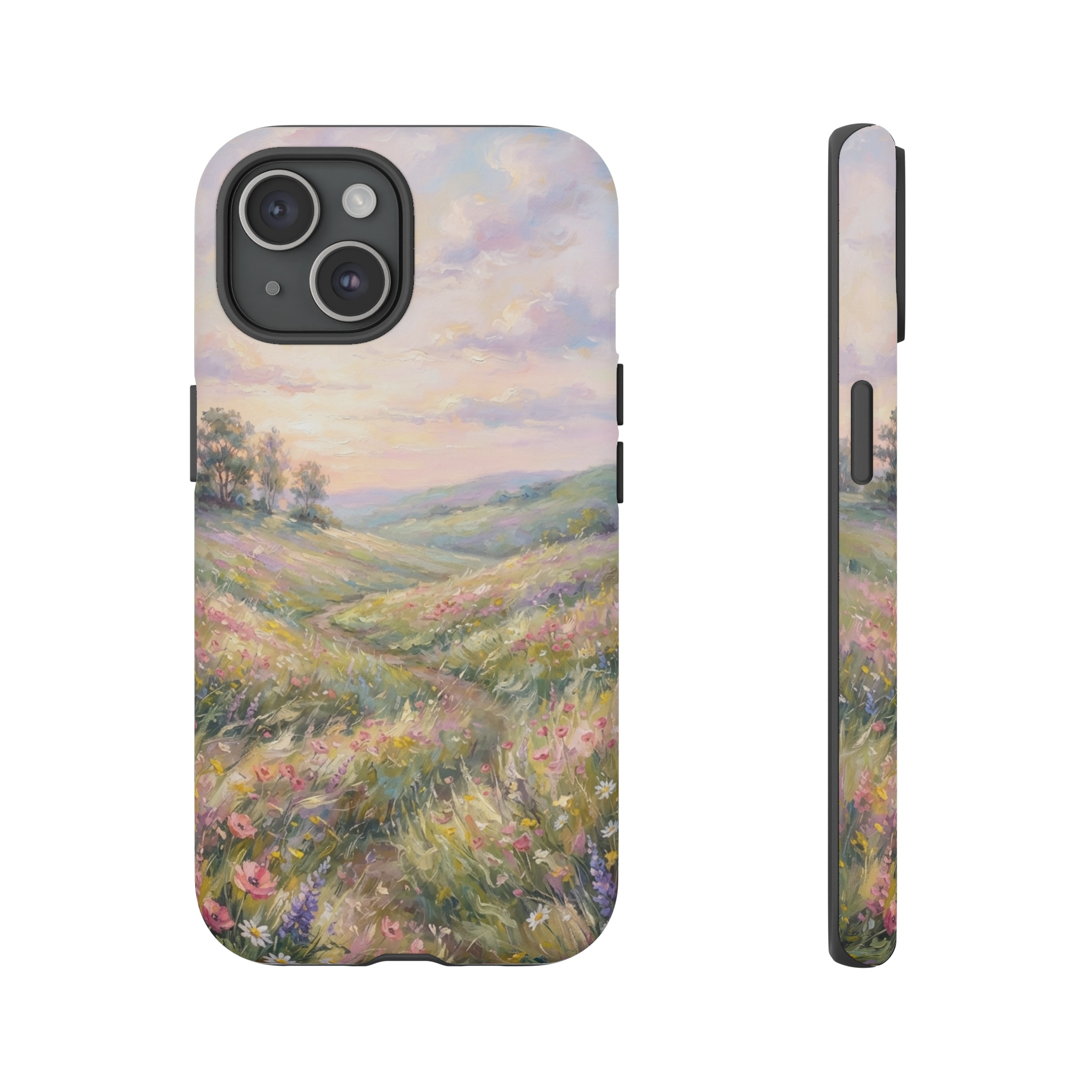 A breezy meadow under a pastel sky of soft pink, lavender and pale gold, where loose, impressionistic brushstrokes suggest wispy clouds drifting above gentle hills.
