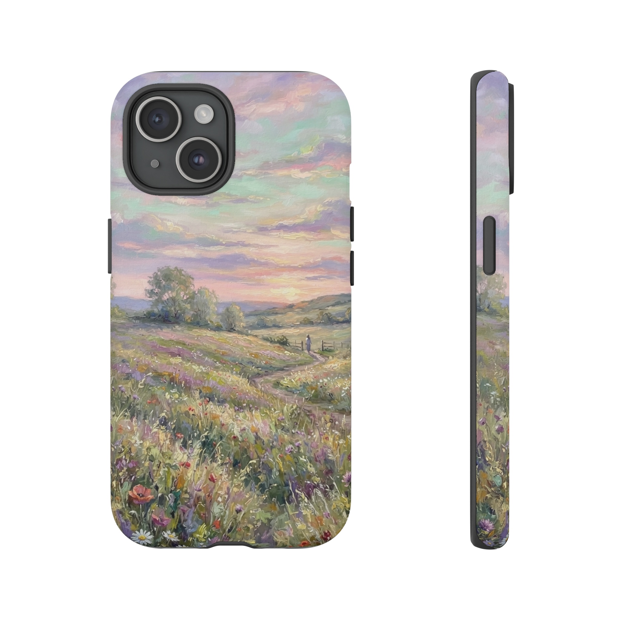 A serene meadow under a pastel sky where soft pink, lavender, and mint-green clouds glide across the horizon, rendered with loose, shimmering brushstrokes that capture the fleeting light of dusk.