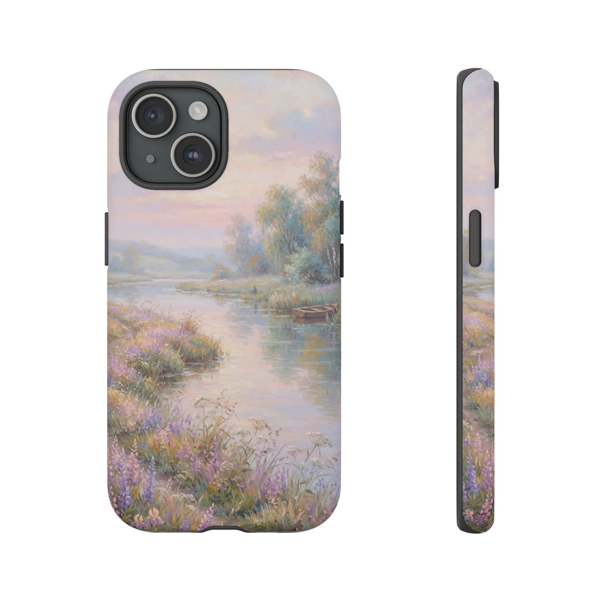 A serene riverbank scene bathed in soft pastel hues, where a hazy sky of rose and lavender merges with gentle reflections on the water, dotted with distant, impressionistic trees swaying in the breeze.