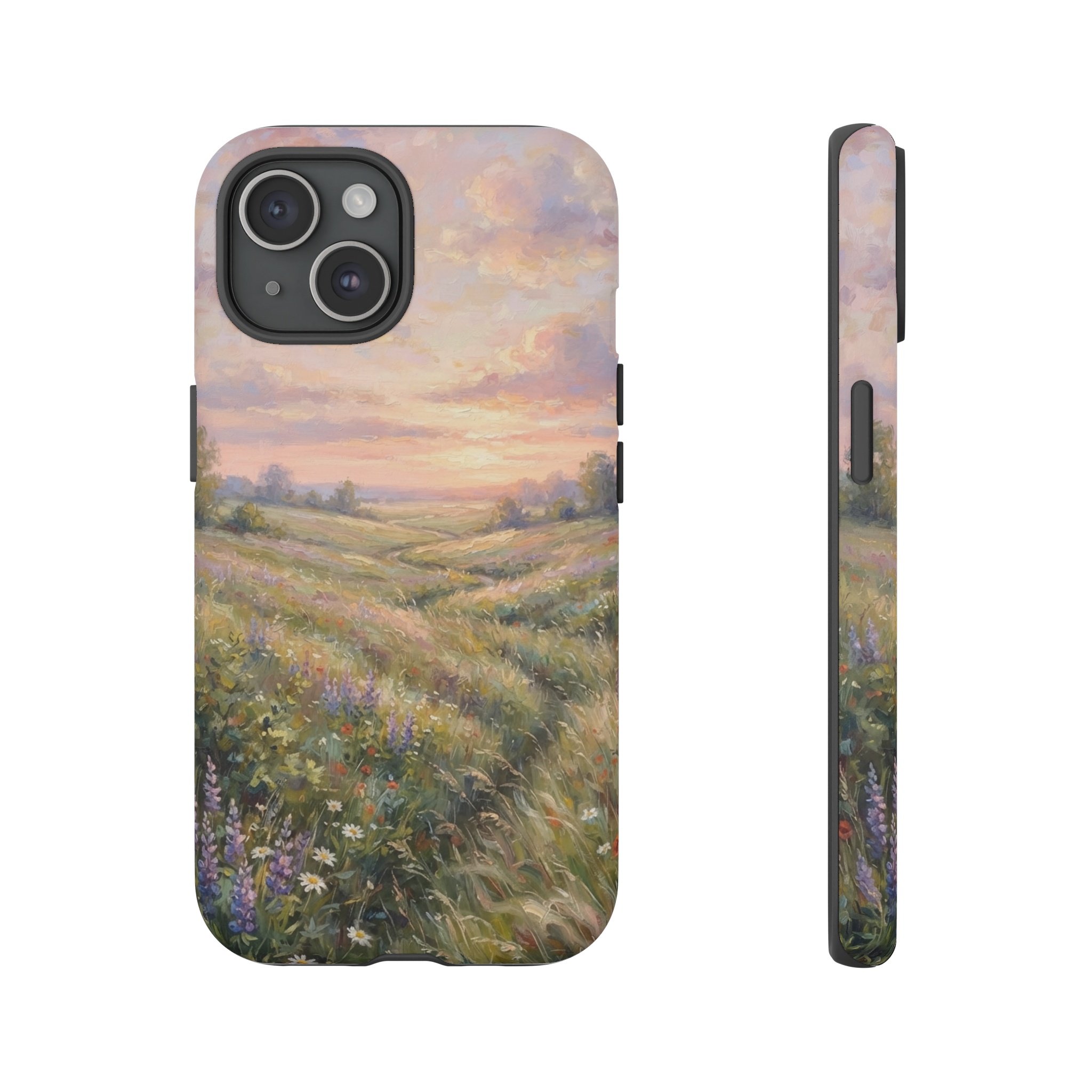 A serene meadow stretches toward a soft pastel sky, where gentle pinks, mauves, and golds blend in loose, dappled brushstrokes, light breezes hinted by wavering grasses under the glowing horizon.