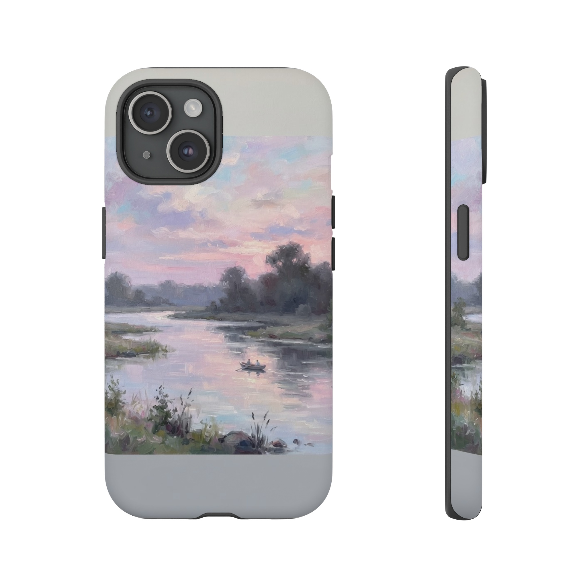 A loose, pastel-hued sky of soft pinks and lilacs stretches over a calm river, with gentle brushstrokes suggesting shimmering light and distant silhouettes of trees.