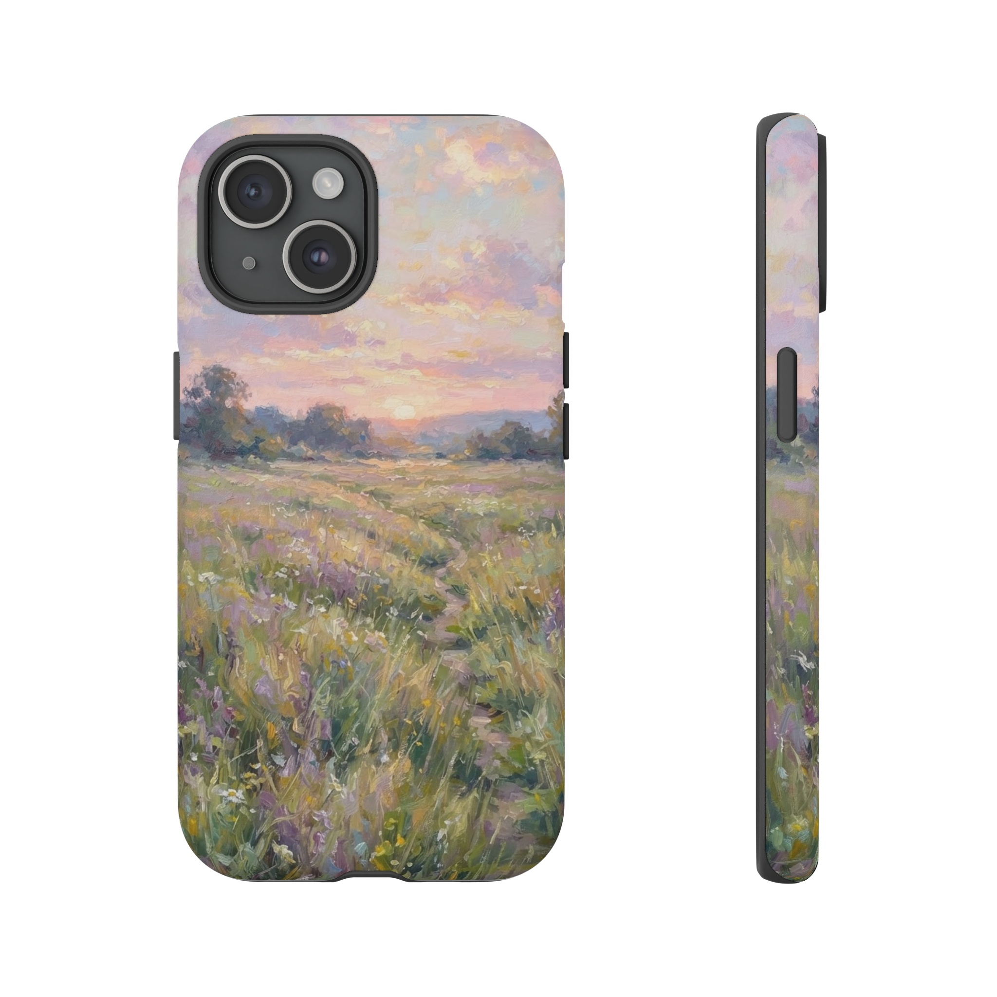 A meadow of gentle grasses stretches toward a horizon under an impressionist sky rendered in soft pastel pinks, lilacs, and pale golds, with loose, dappled brushstrokes capturing the light of a calm sunrise.