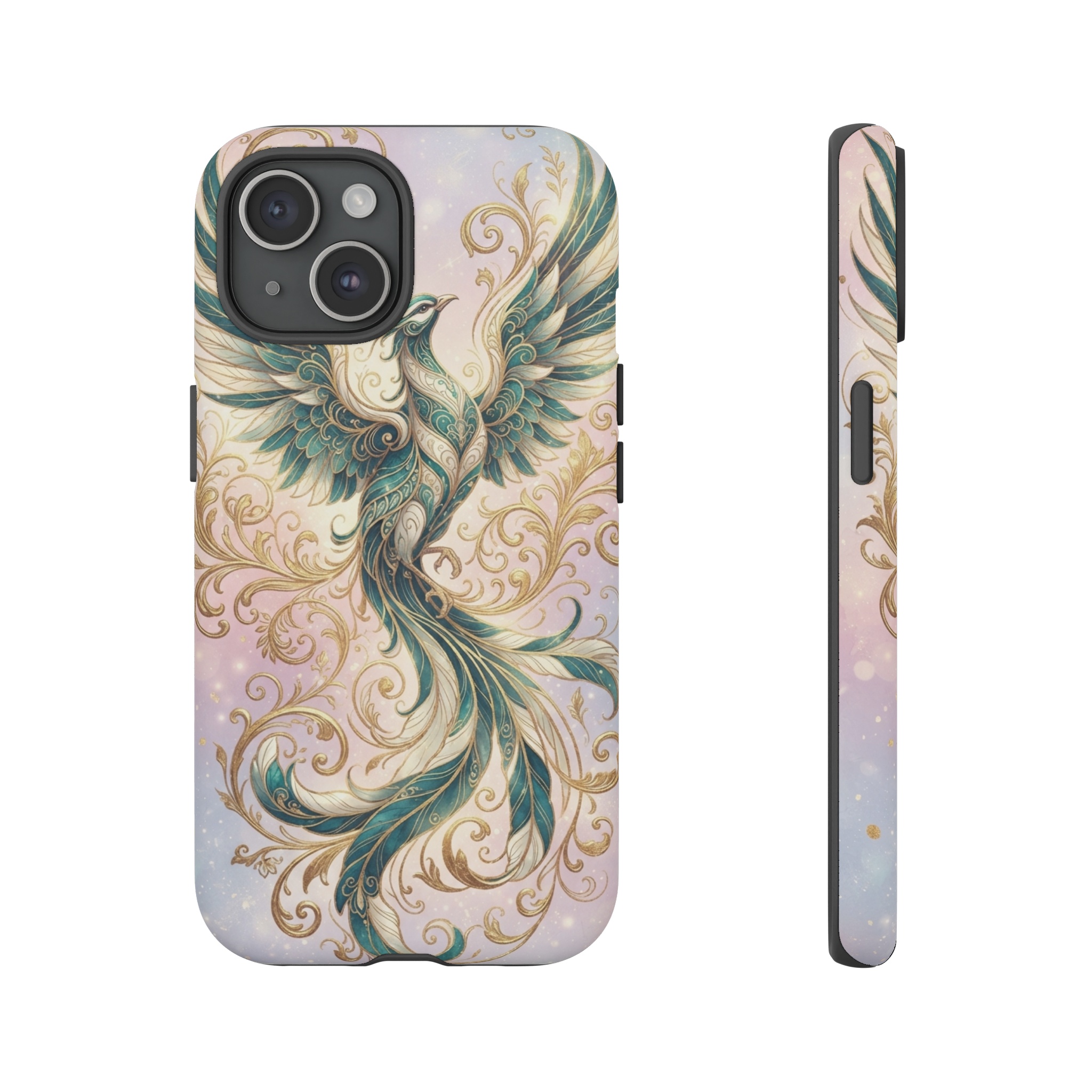 A stylized phoenix rises amid swirling gold filigree, its body rendered in deep teal and ivory, with delicate, flowing lines of metallic gold weaving around its wings and tail against a soft pastel background.