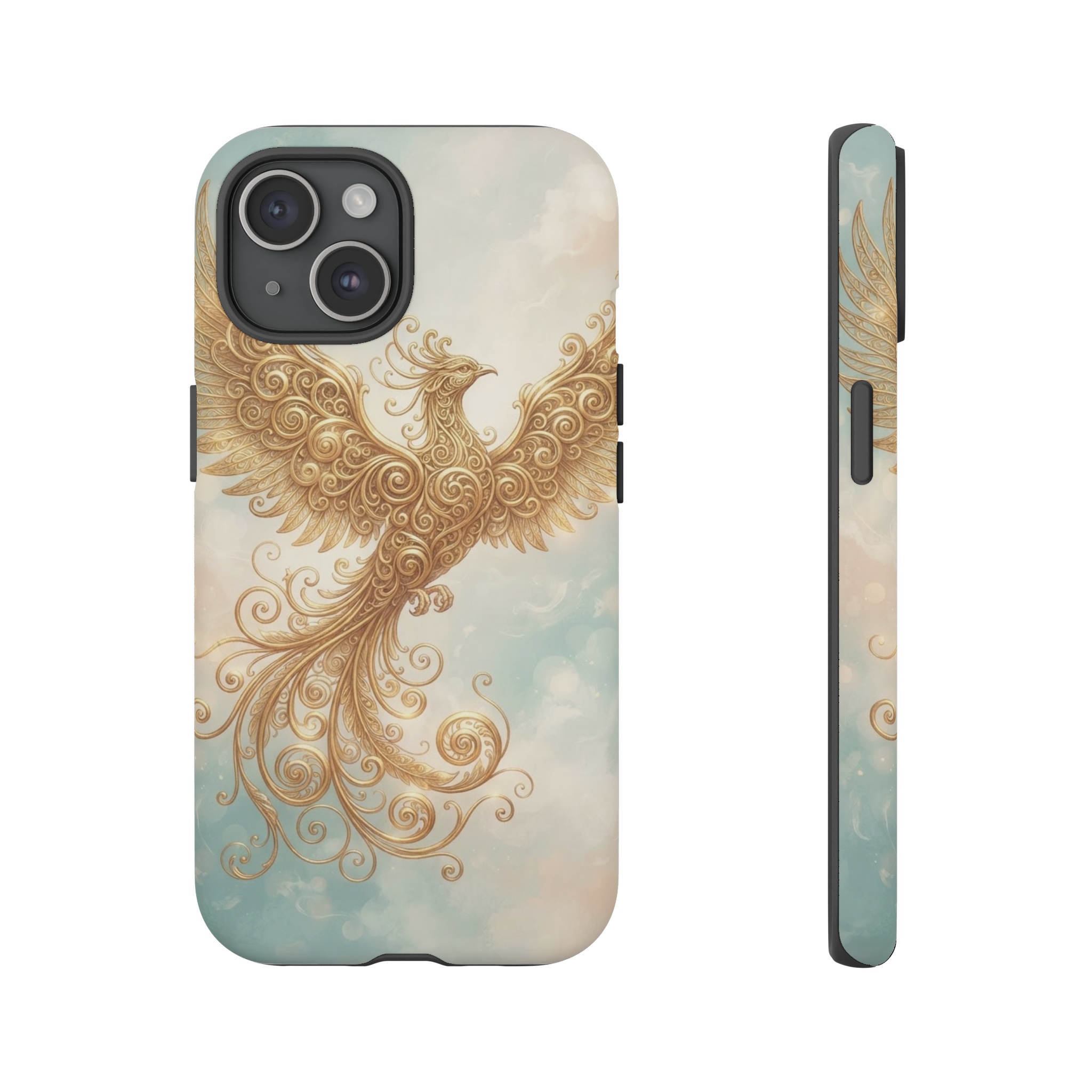 A stylized phoenix with outstretched wings, its feathers rendered as curling gold filigree that spirals and intertwines, set against a soft pastel background of muted teal and ivory, illuminated by gentle, warm highlights that emphasize the metallic sheen.