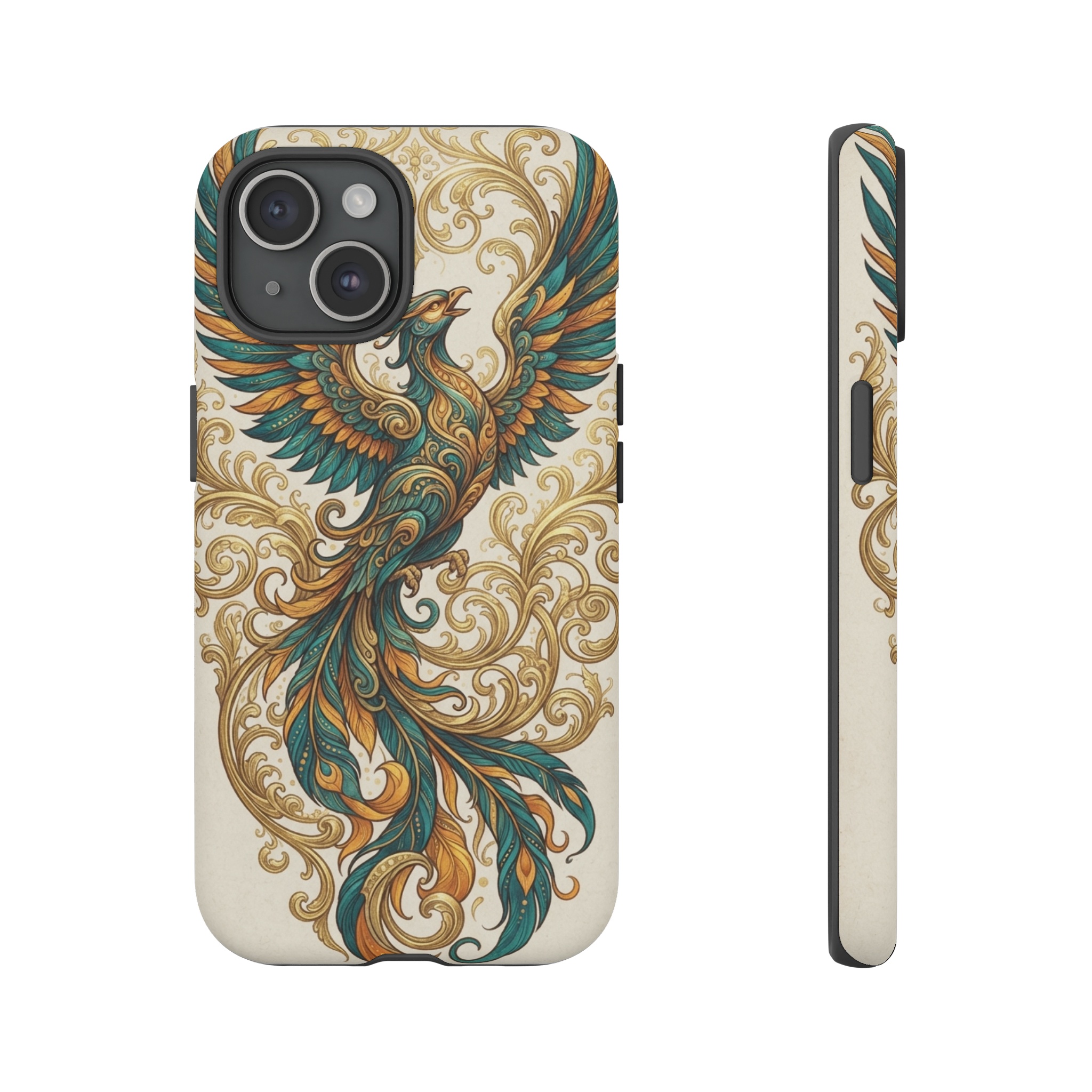 A stylized phoenix rises amid swirling gold filigree, its feathers rendered in deep teal and amber, with elegant curving lines framing the bird against a muted ivory background.