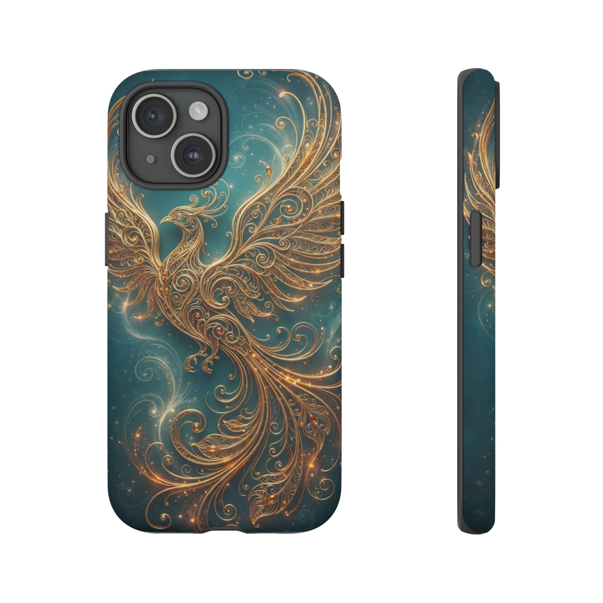 A stylized phoenix composed of swirling gold filigree, its feathers unfurling in elegant curves against a deep teal background, with delicate amber highlights tracing the intricate lines.