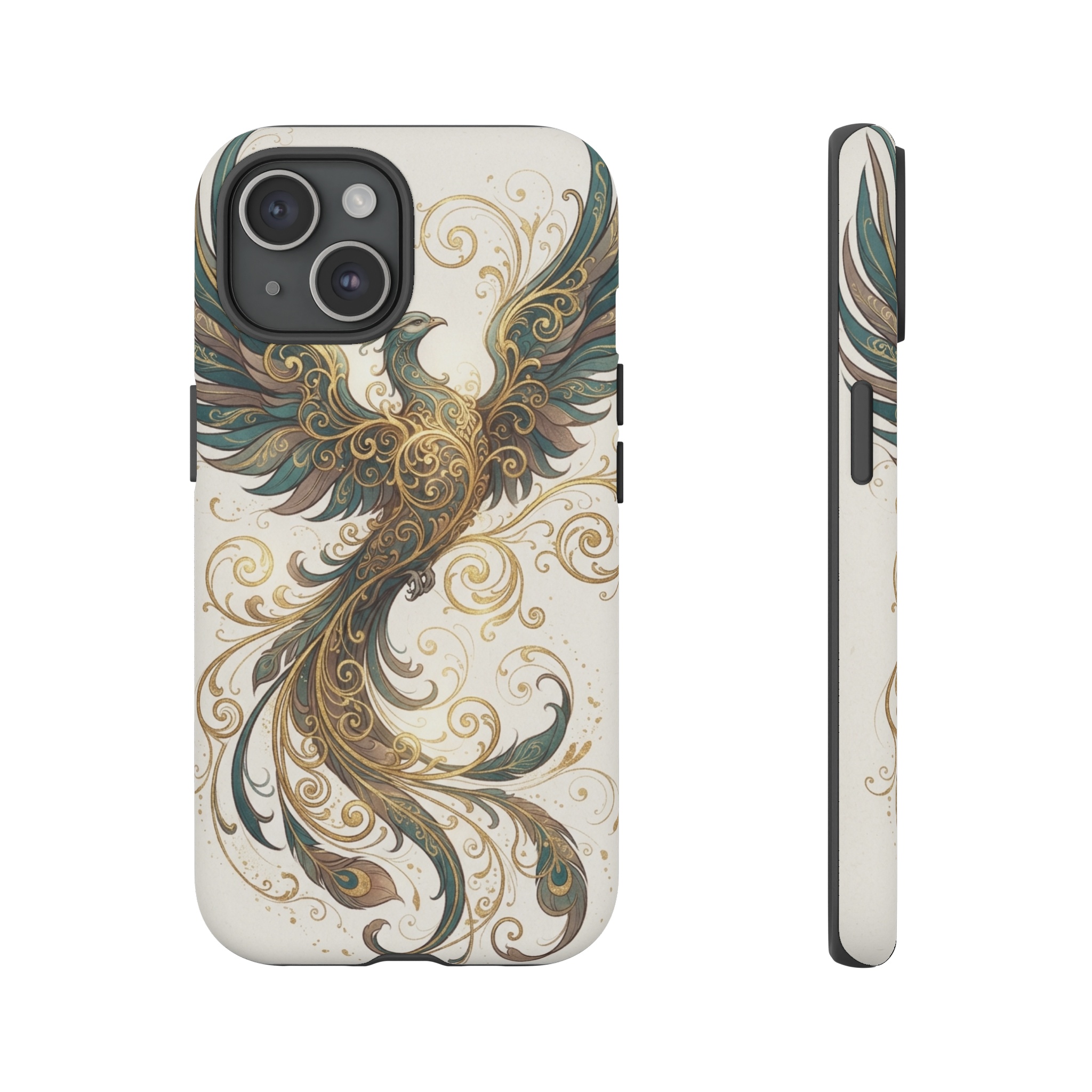 A stylized phoenix with sweeping, curvilinear wings rendered in deep teal and muted bronze, its body entwined with intricate gold filigree that spirals outward like liquid metal against a soft, off‑white background.