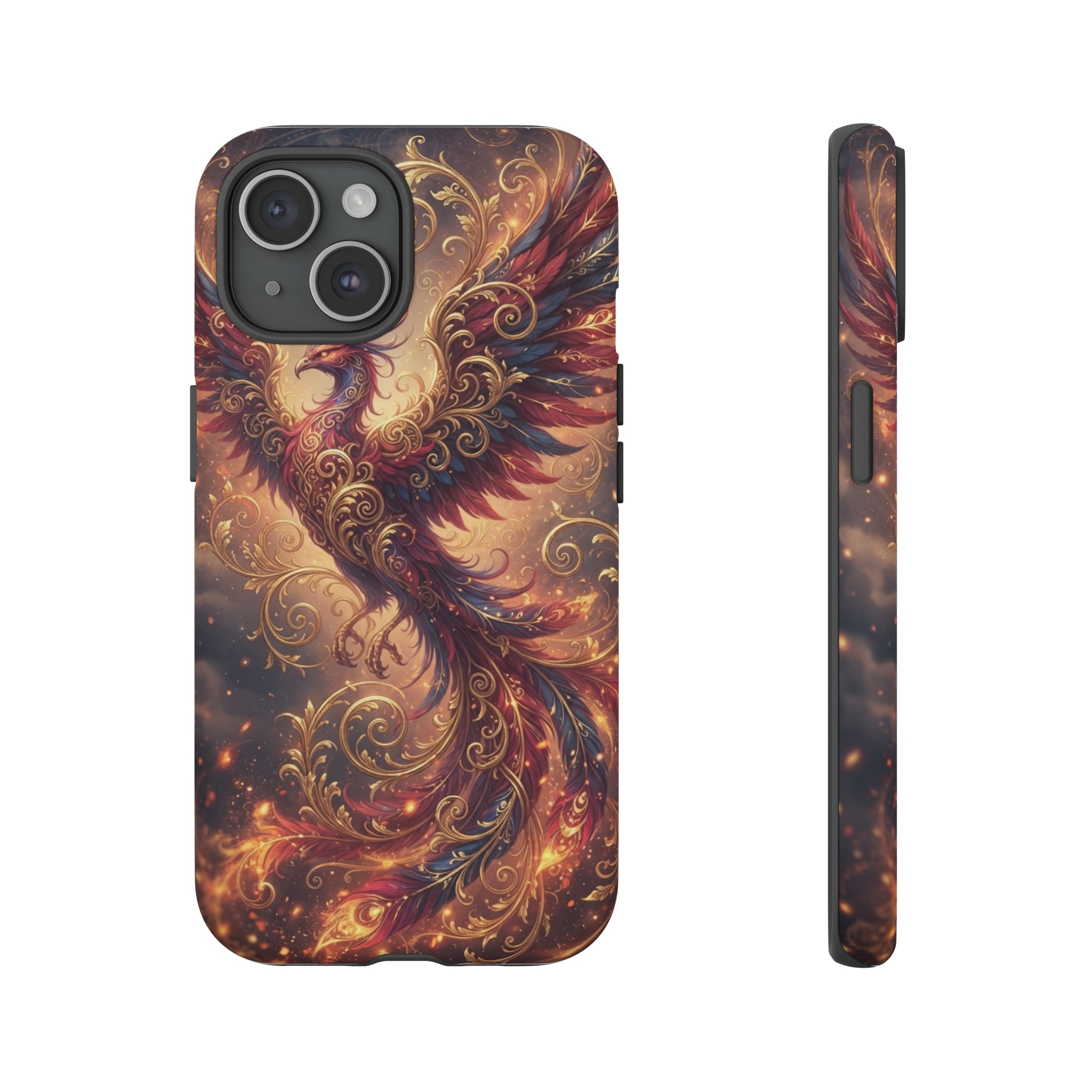 A sinuous phoenix with outstretched wings, its feathers rendered in deep crimson and midnight blue, intertwines with intricate gold filigree that spirals and flows around its body, illuminated by a soft, amber glow that highlights the delicate metallic patterns.