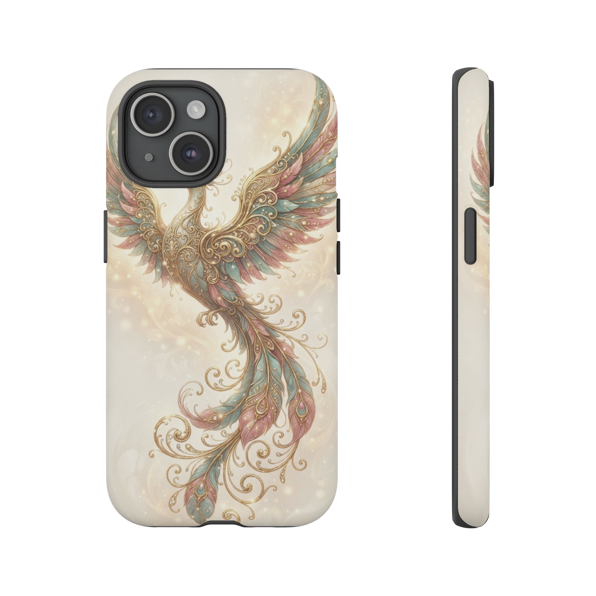 A stylized phoenix rises, its feathers rendered in muted teal and rose while intricate gold filigree curls around its wings and tail, all set against a soft ivory background lit by a gentle, diffused glow.