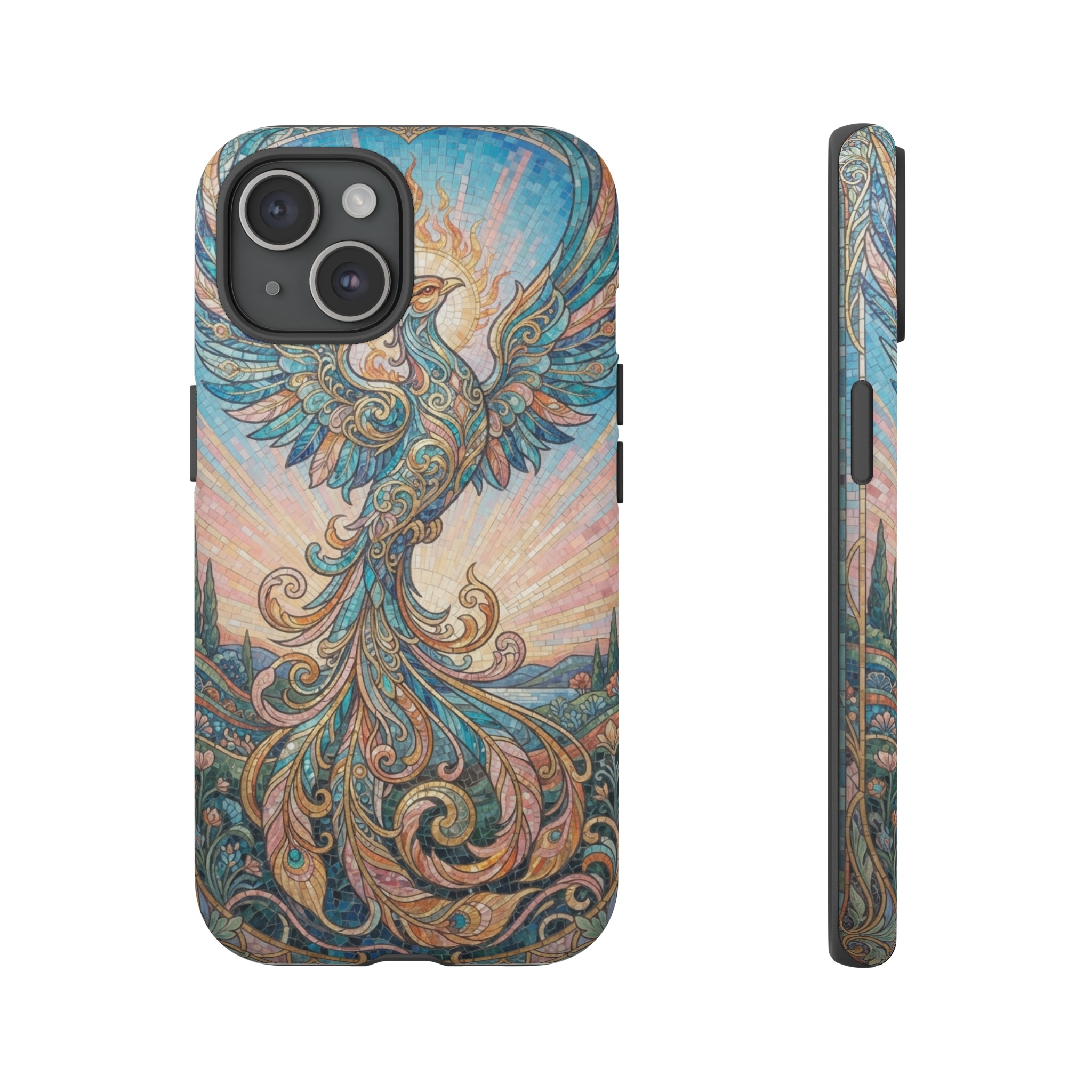 A stylized phoenix with outstretched wings rising against a cerulean sunrise, rendered in intricate mosaic tiles with flowing Art Nouveau curves and a palette of turquoise, gold, and soft pinks illuminated by gentle morning light.