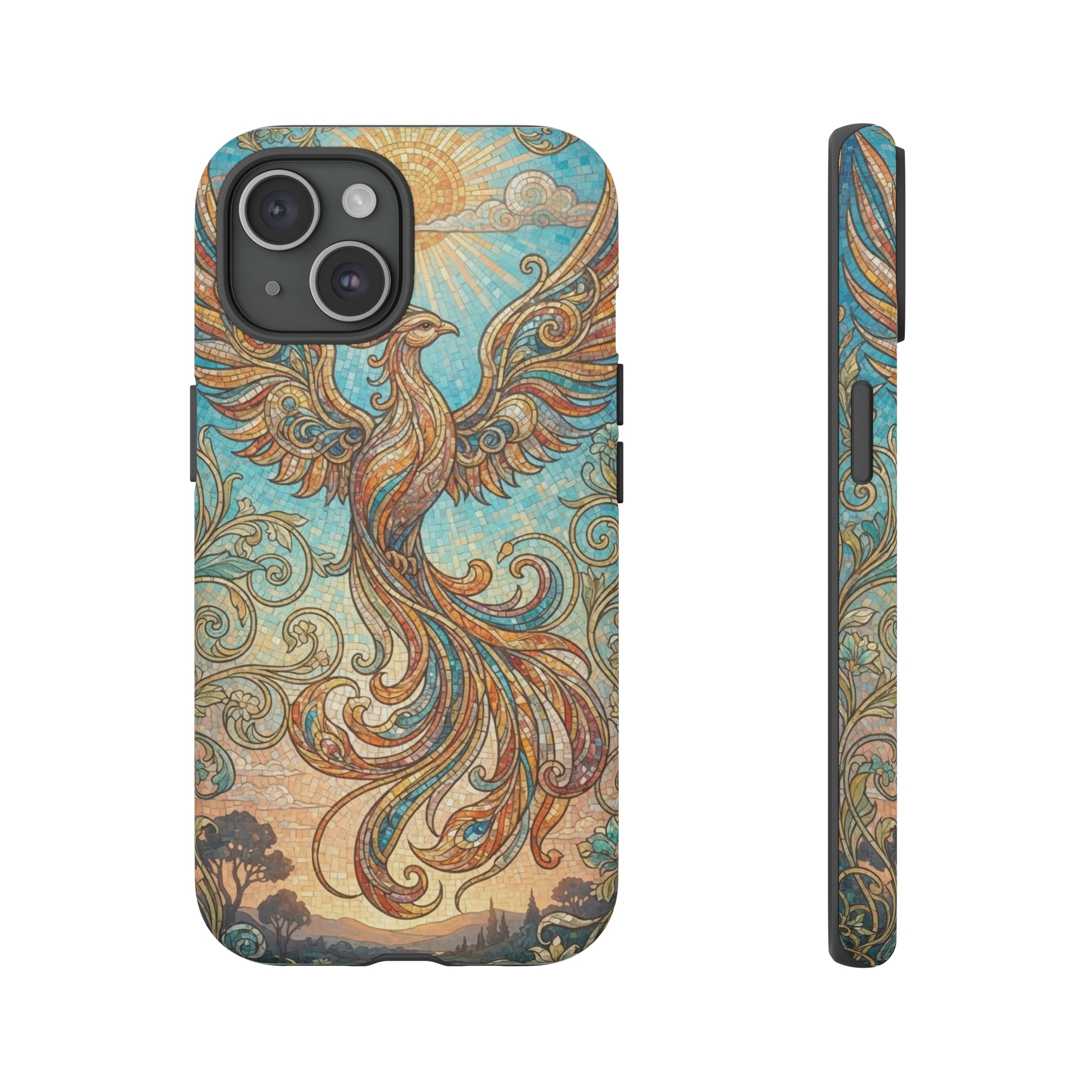 A phoenix rising against a cerulean sunrise, its feathers rendered in intricate mosaic tiles with flowing Art Nouveau lines, surrounded by stylized vines and spiraling motifs in soft gold and teal light.