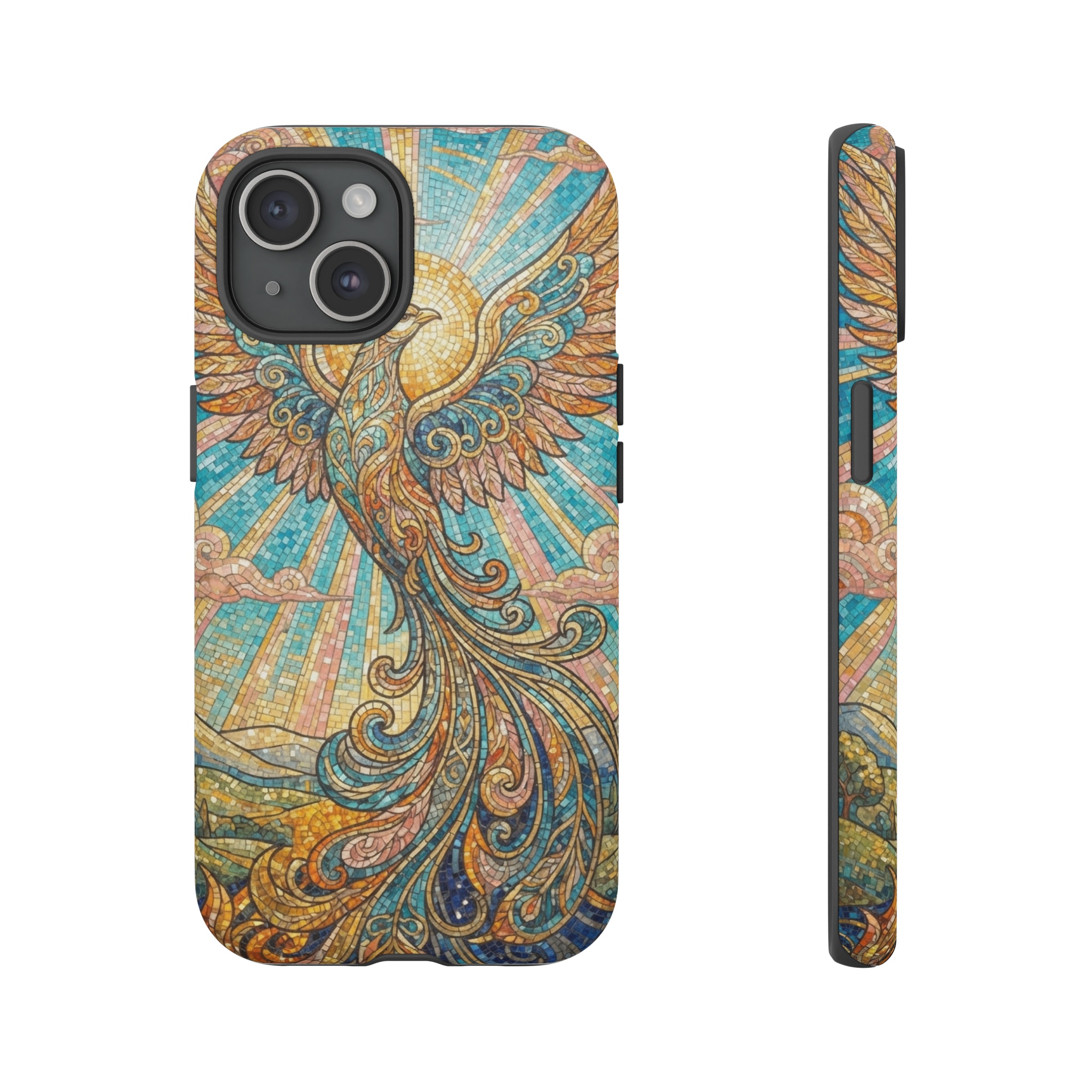 A phoenix with outstretched wings rises against a cerulean sunrise, rendered in intricate mosaics of teal, gold, and soft pink, its flowing, stylized feathers echoing Art Nouveau curves and the light spilling over the tessellated pattern.