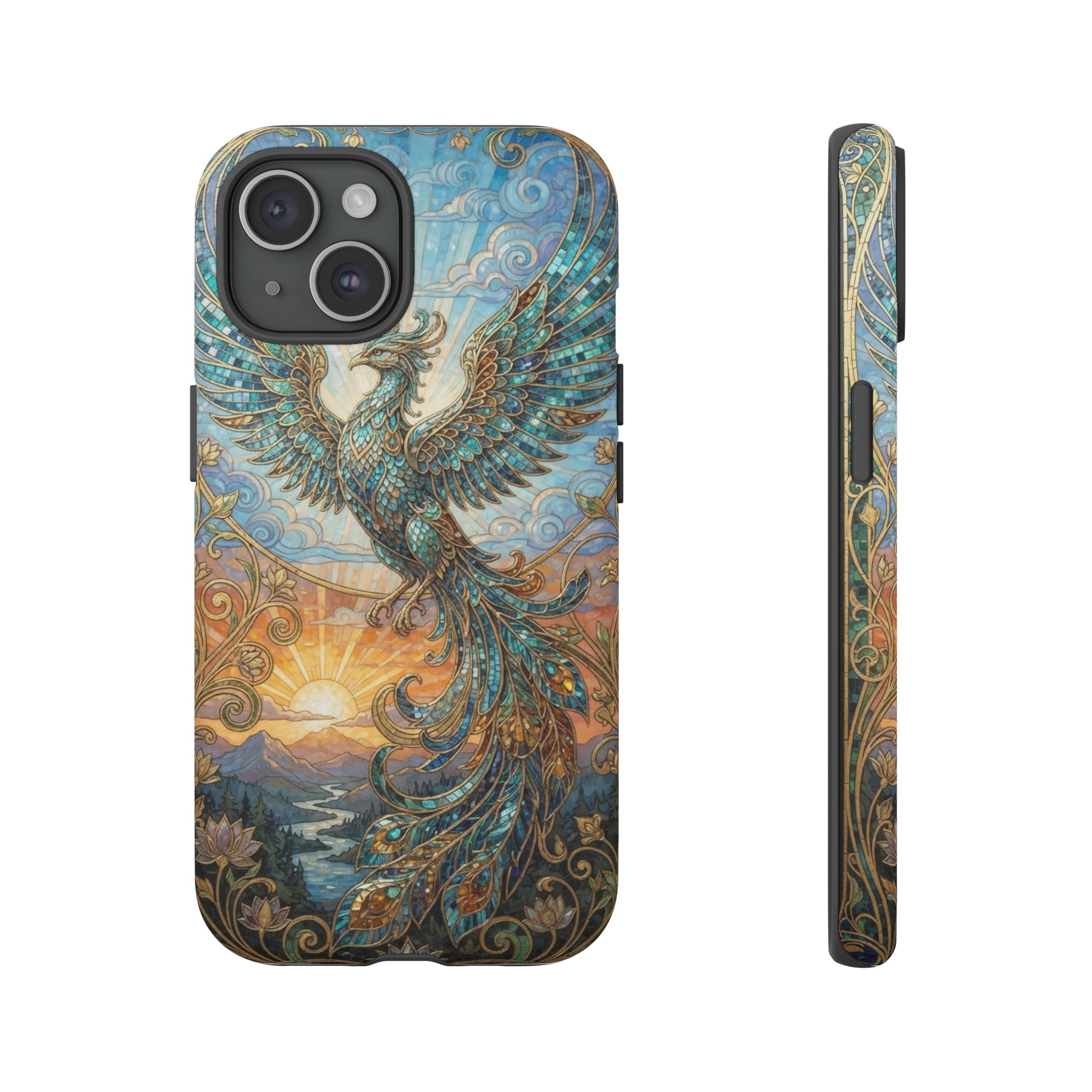 A stylized phoenix with outstretched wings rises against a cerulean sunrise, its feathers rendered in shimmering mosaics of teal, gold and amber, framed by flowing Art Nouveau vines and swirls that echo the early morning light.