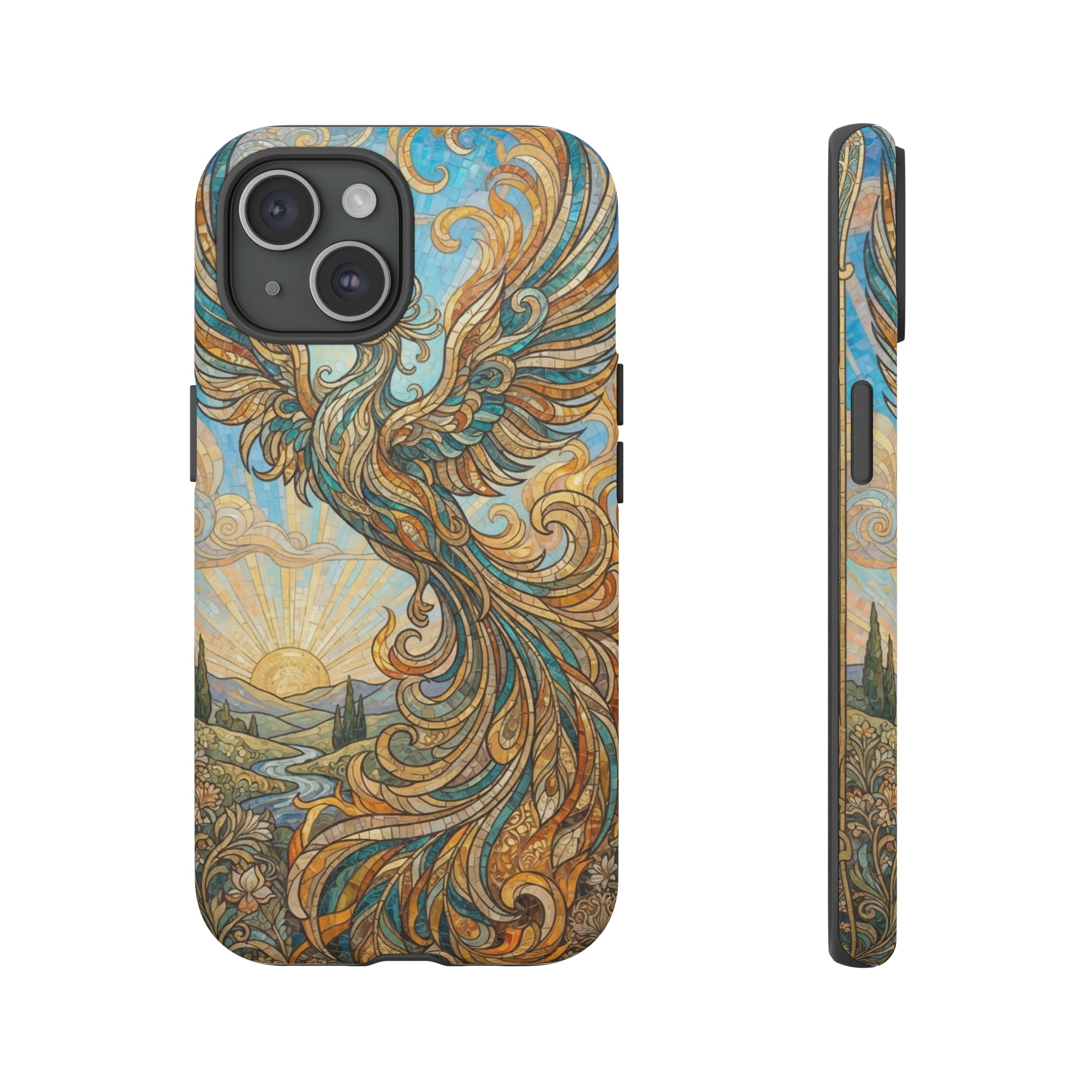 A phoenix rises against a cerulean sunrise, its fiery feathers rendered in sinuous Art Nouveau mosaics of teal, gold, and amber, swirling across the composition with flowing lines and soft radiant light.