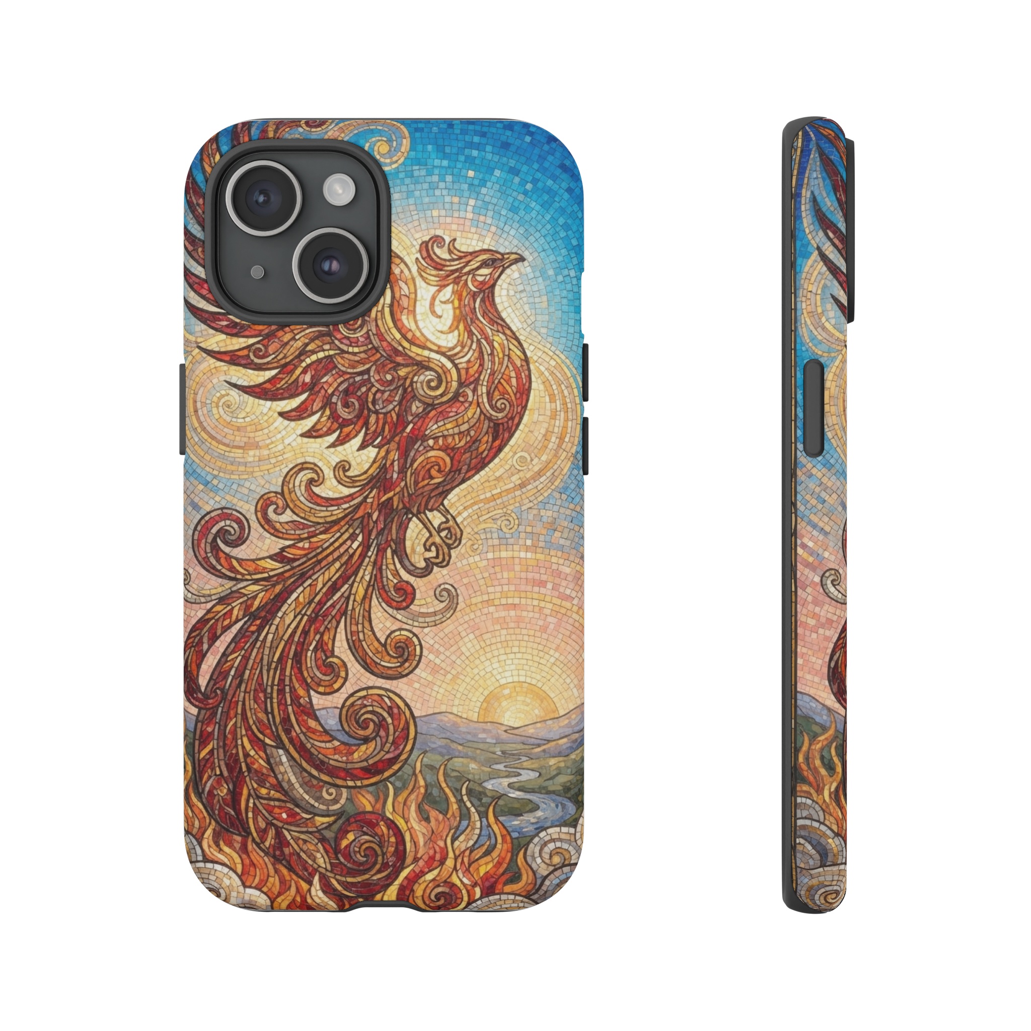 A phoenix rises against a cerulean sunrise, its fiery feathers rendered in delicate mosaics of glass and tile, arranged in flowing Art Nouveau curves that spiral around the bird, while soft golden light from the horizon highlights the intricate patterns.
