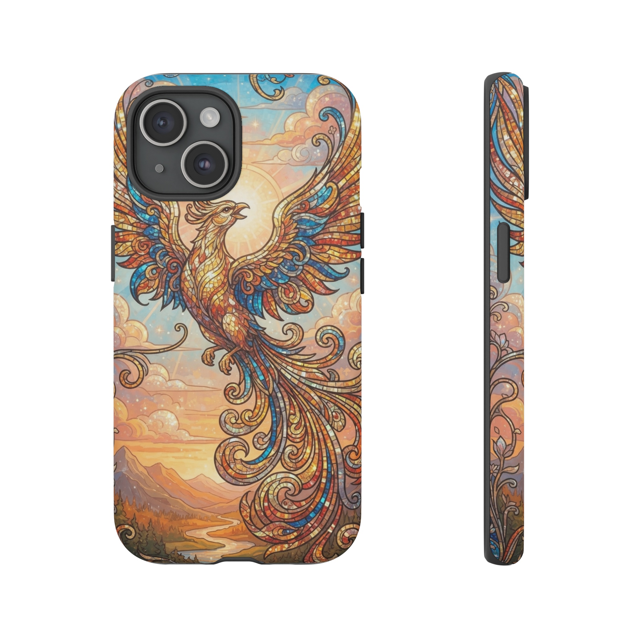 A phoenix with outstretched wings ascends before a cerulean sunrise, its feathers rendered in shimmering mosaic tiles that swirl in elegant Art Nouveau curves, the light bathing the scene in soft orange and gold hues.