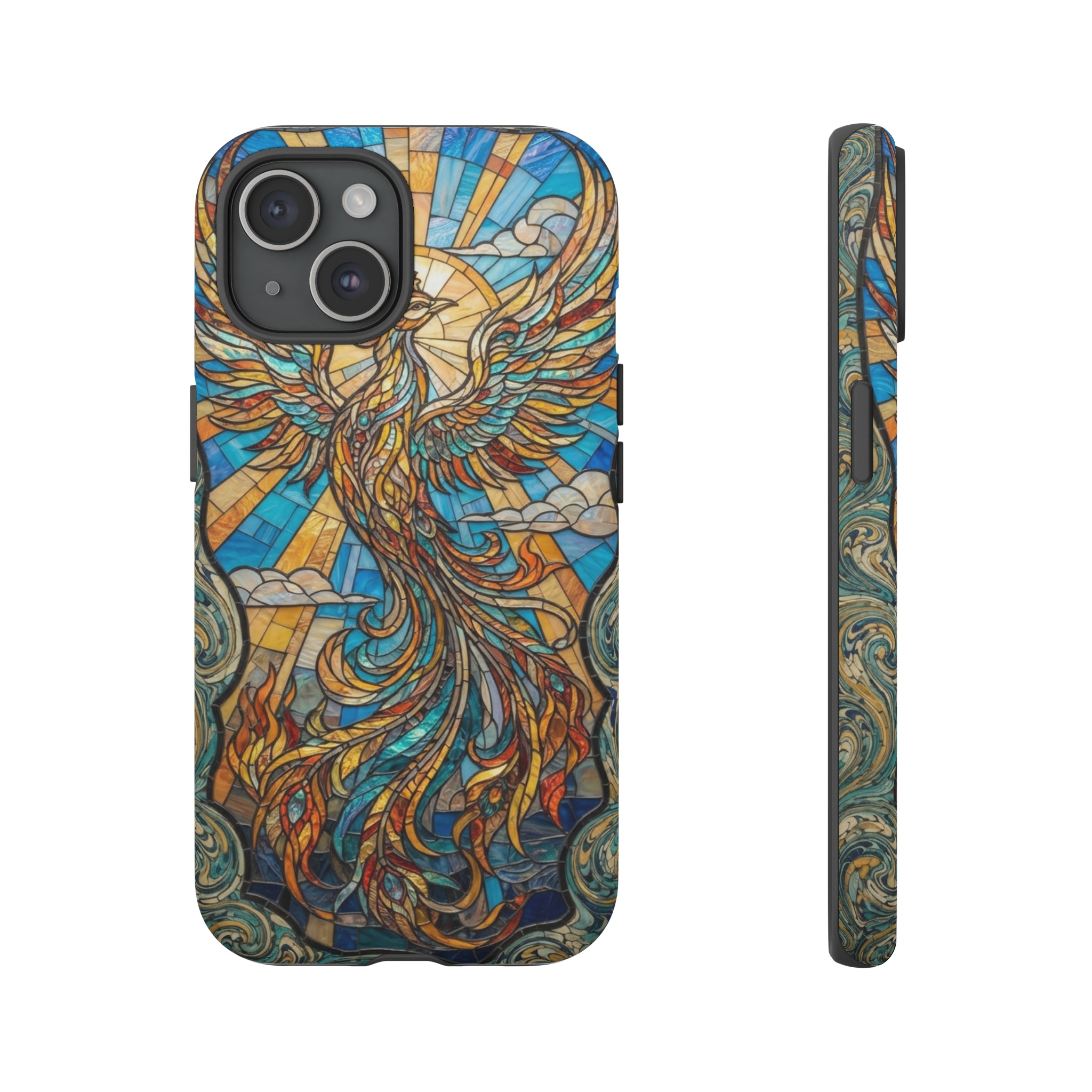 A phoenix rising against a ceruleic sunrise, its feathers rendered in flowing Art Nouveau lines, set within a mosaic of teal and gold tiles that swirl like ebru marbling water.