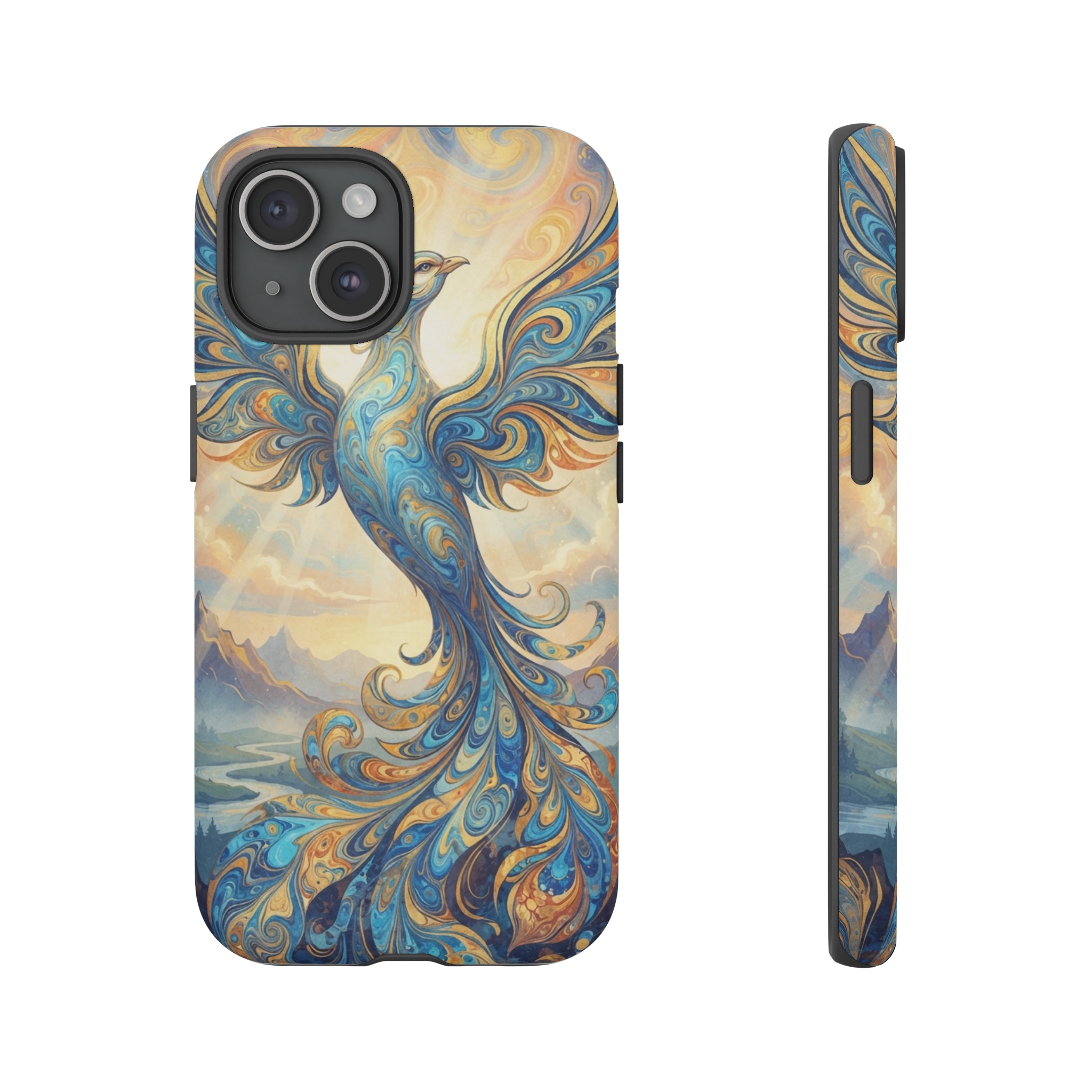 A phoenix rising against a ceruleic sunrise, its wings unfurled in flowing Art Nouveau lines, rendered in swirling ebru marbling tones that form a mosaic of blues and golds, with soft morning light glinting across the patterned feathers.