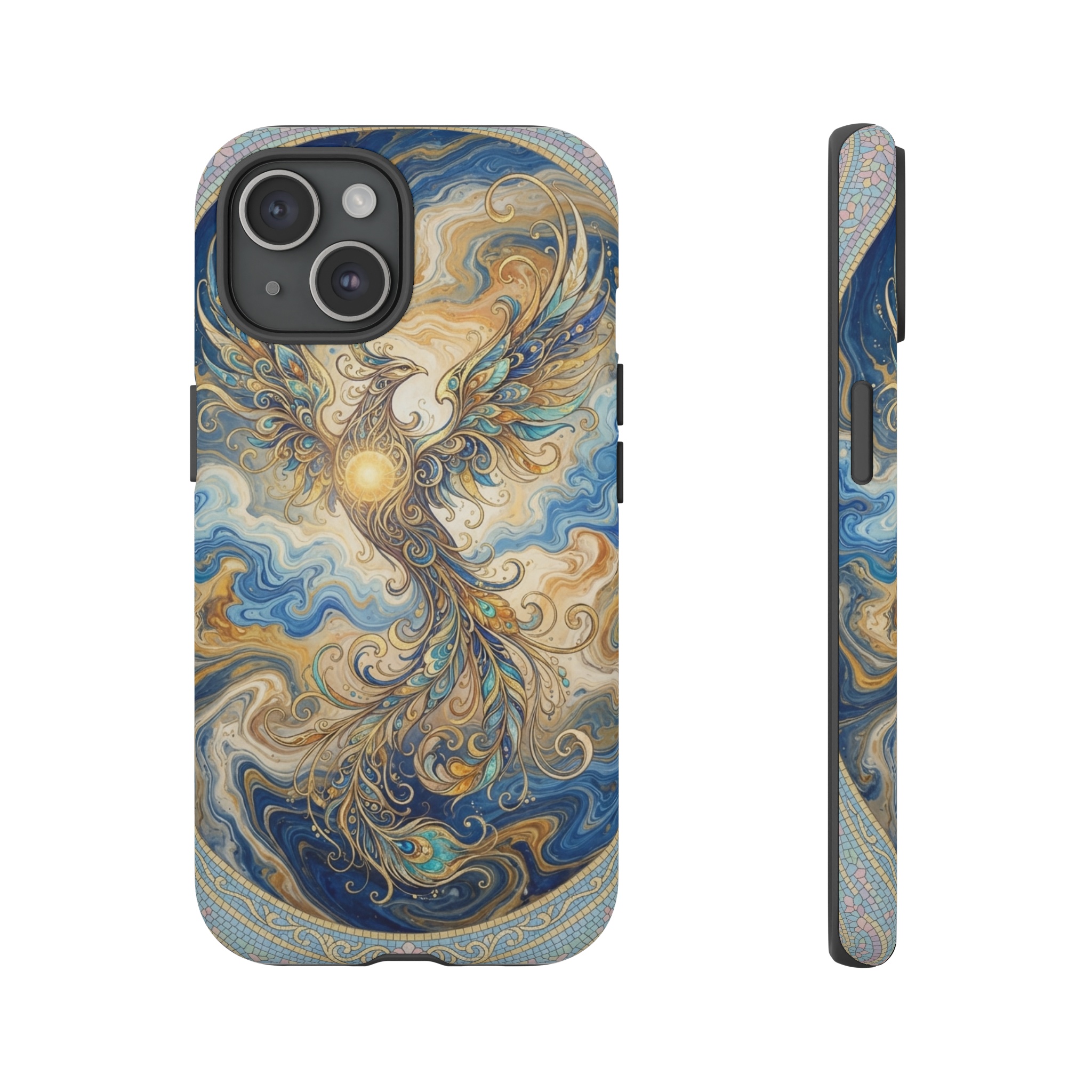 A phoenix rising amid swirling ceruleic clouds, its feathers rendered in Art Nouveau style with flowing lines, set against a sunrise of deep blue and gold, all composed like a marbled ebru pattern and framed by a mosaic of pastel tiles.