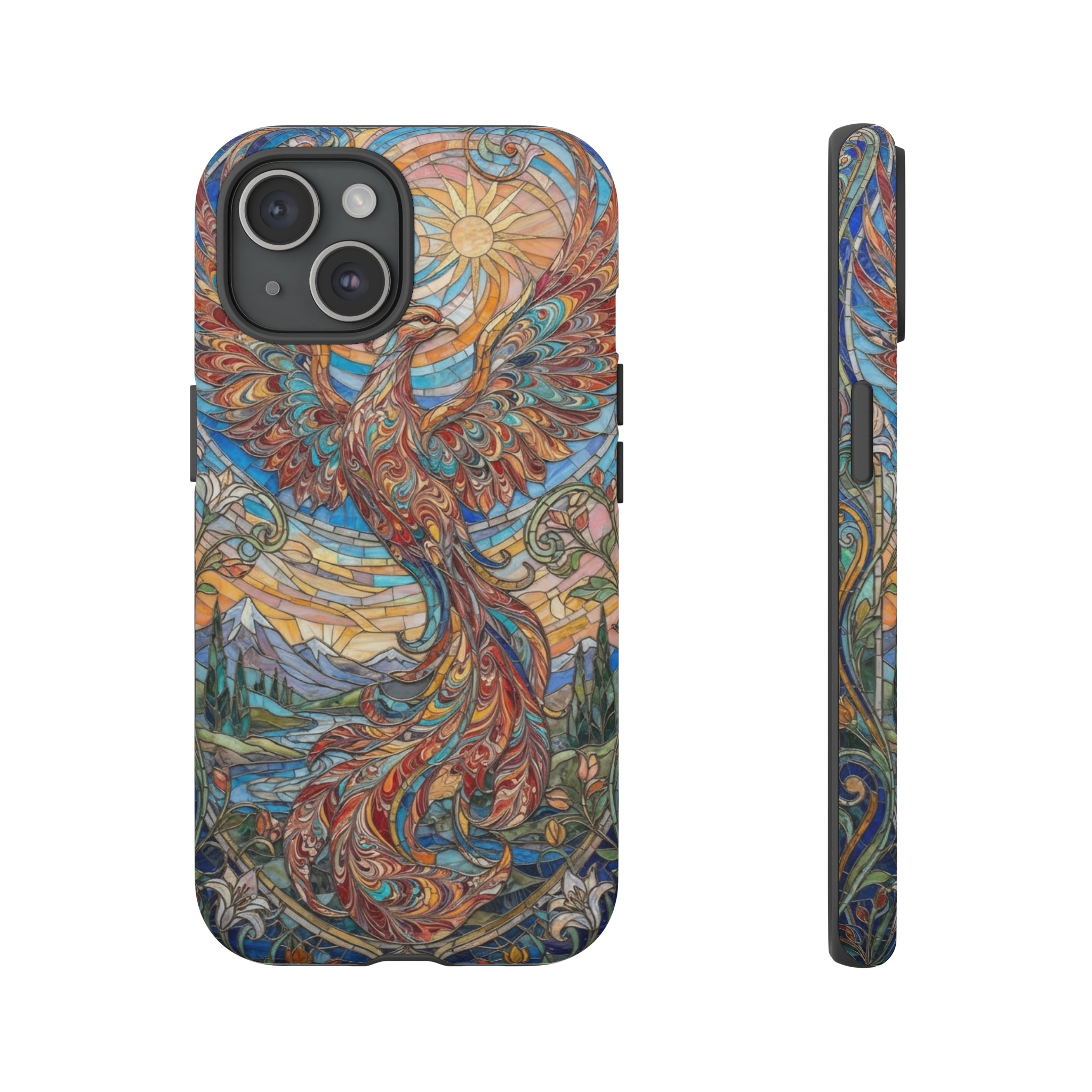 A phoenix rising against a ceruleic sunrise, its feathers rendered in swirling ebru marbling patterns, set within an intricate Art Nouveau mosaic of flowing lines and floral motifs.