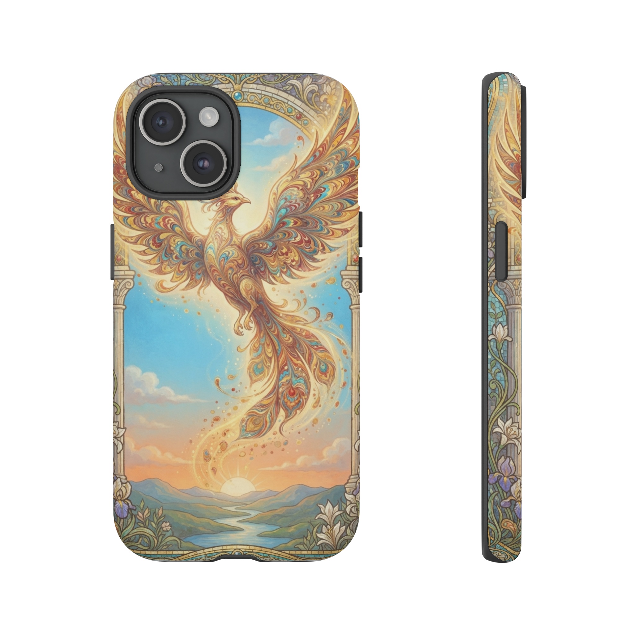 A phoenix rising from a cerulean sunrise, its feathers rendered in swirling ebru marbling patterns, set against a mosaic of Art Nouveau arches and floral motifs, bathed in soft golden light.