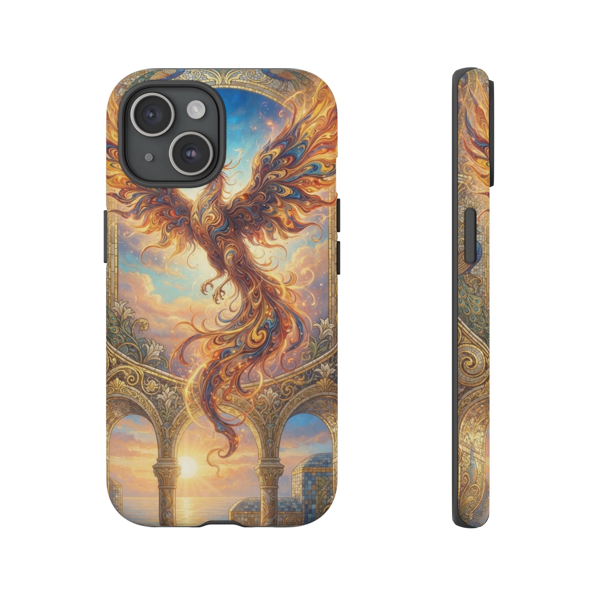 A phoenix rising from a ceruleic sunrise, its flame‑like feathers rendered in swirling ebru marbling patterns, set against a mosaic of Art Nouveau arches and organic motifs, with soft golden light spilling over the intricate tiled backdrop.