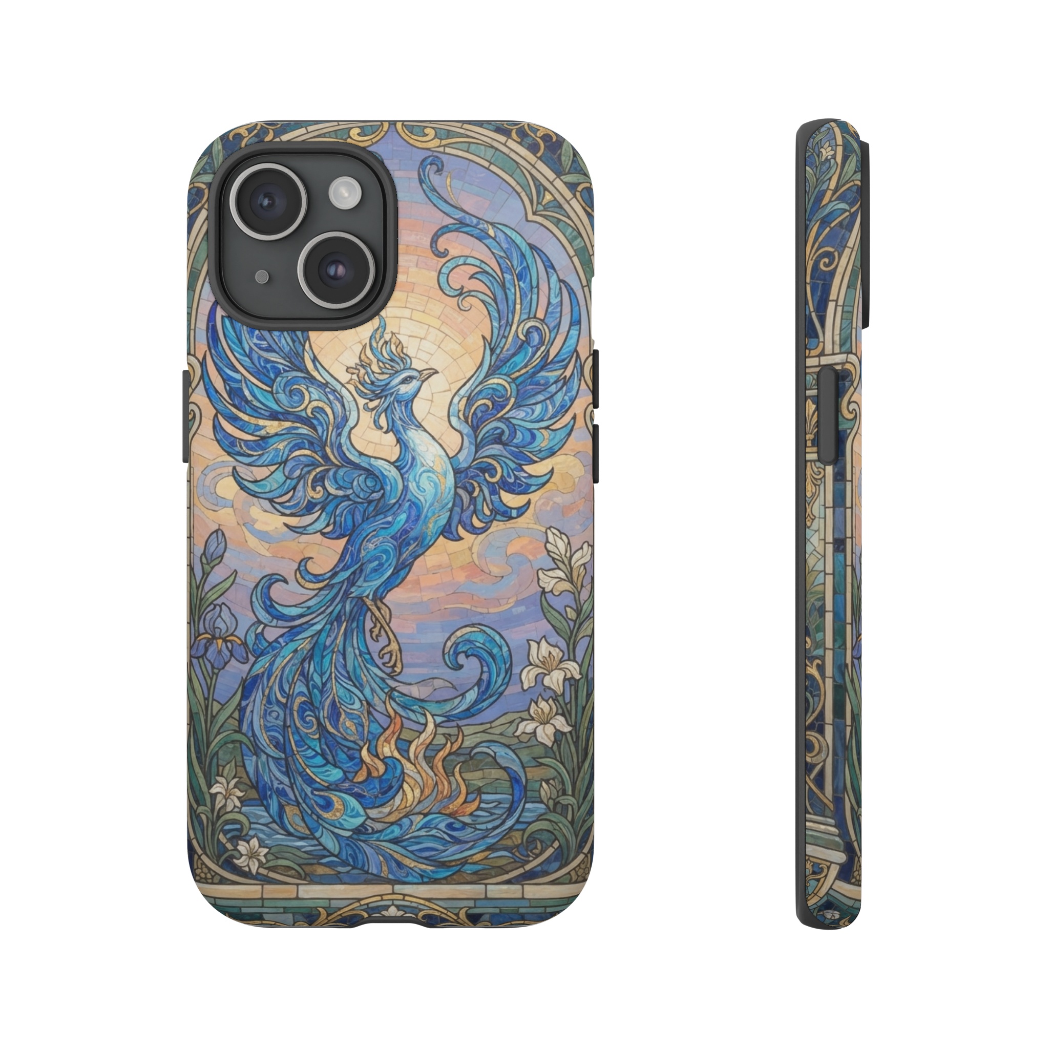 A phoenix of swirling cerulein hues rises against a sunrise sky, its feathers rendered in fluid marbled patterns that cascade across a mosaic of Art Nouveau tiles, the composition centered with elegant arches and stylized leaves, bathed in soft golden light.