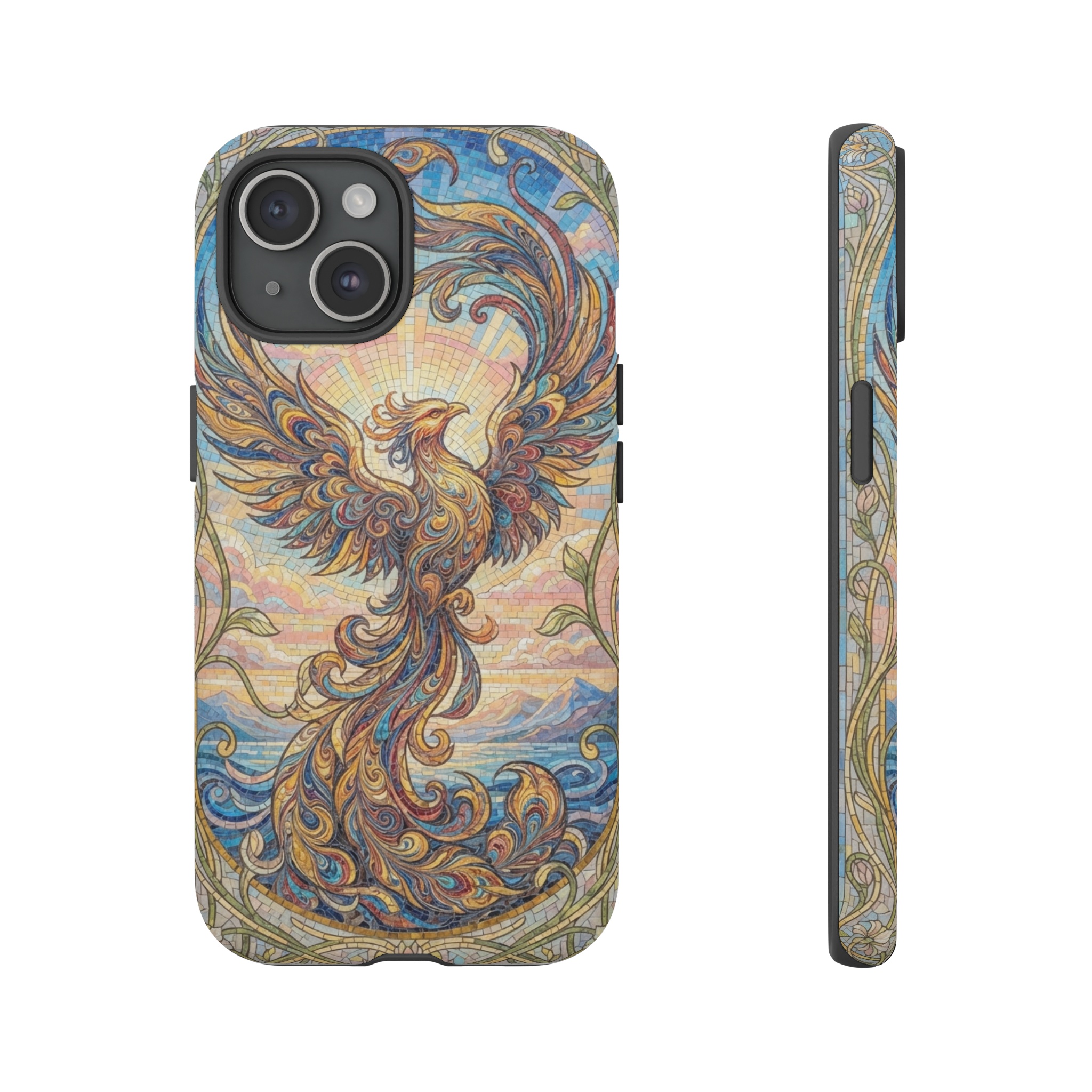 A phoenix rising against a ceruleic sunrise, its feathers swirling in ebru‑style marbled patterns, framed by flowing Art Nouveau vines and set in a mosaic of pastel tiles.
