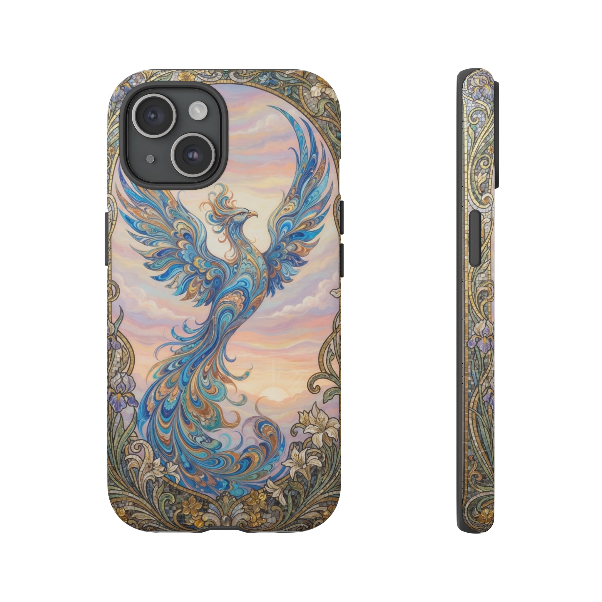 A phoenix, rendered in swirling ebru marbling patterns of cerulean and gold, rises against a sunrise sky where the light spills in soft pastel bands, all framed by an intricate Art Nouveau mosaic of flowing vines and stylized floral motifs.