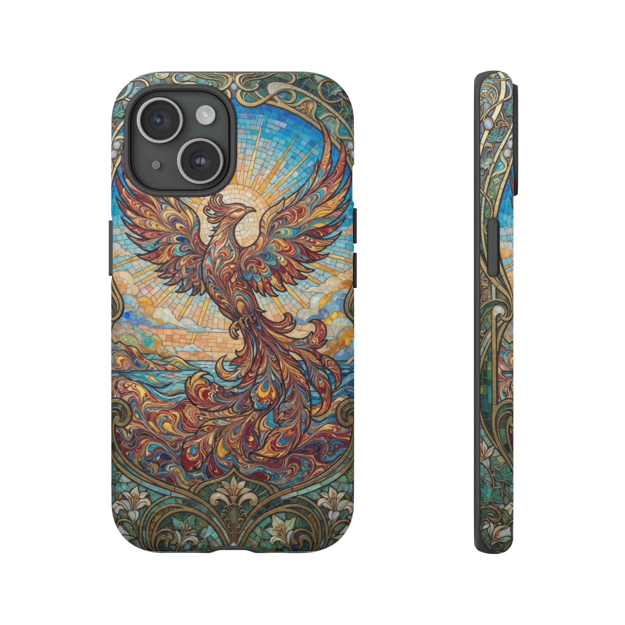 A phoenix rising against a ceruleic sunrise, its feathers swirling in fluid ebru marbling patterns, set within a mosaic of Art Nouveau frames of flowing lines and stylized leaves.