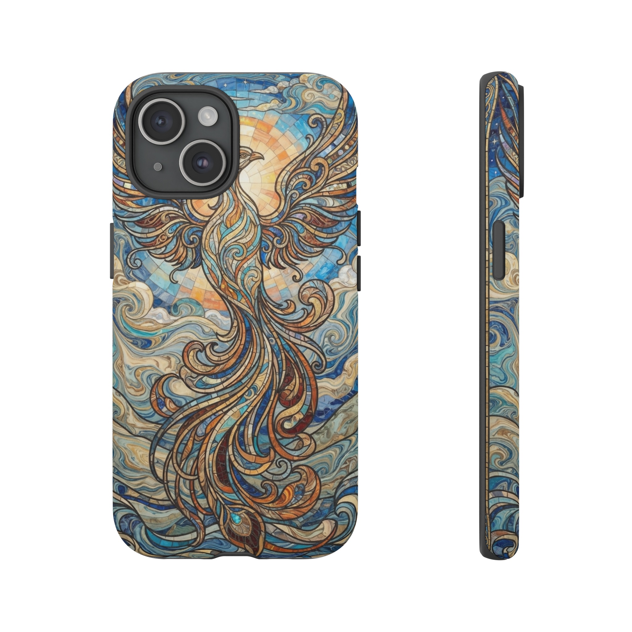 A stylized phoenix rising against a cerulean sunrise, its feathers rendered in flowing Art Nouveau lines, set within a mosaic of swirling ebru marbling patterns in soft blues and golds.
