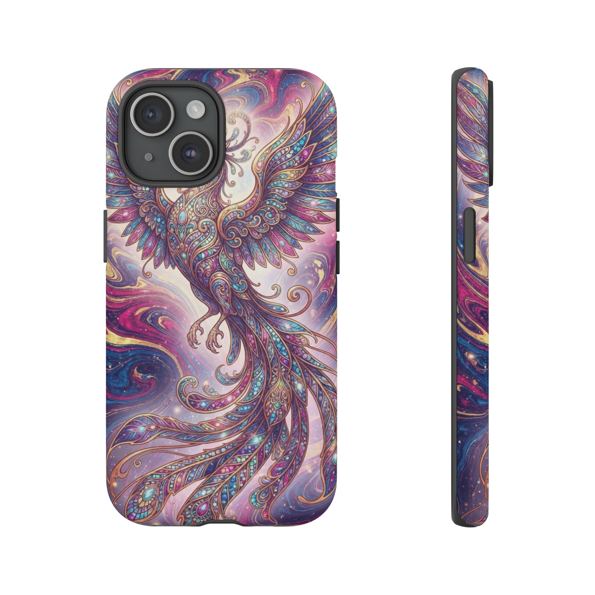 A phoenix soaring from a swirling, psychedelic marbled background, its feathers rendered in Art Nouveau style with flowing lines and mosaic-like patterns; the color palette bursts with iridescent blues, magentas, and golds, illuminated by a soft, radiant glow that accentuates the intricate, swirling motifs.