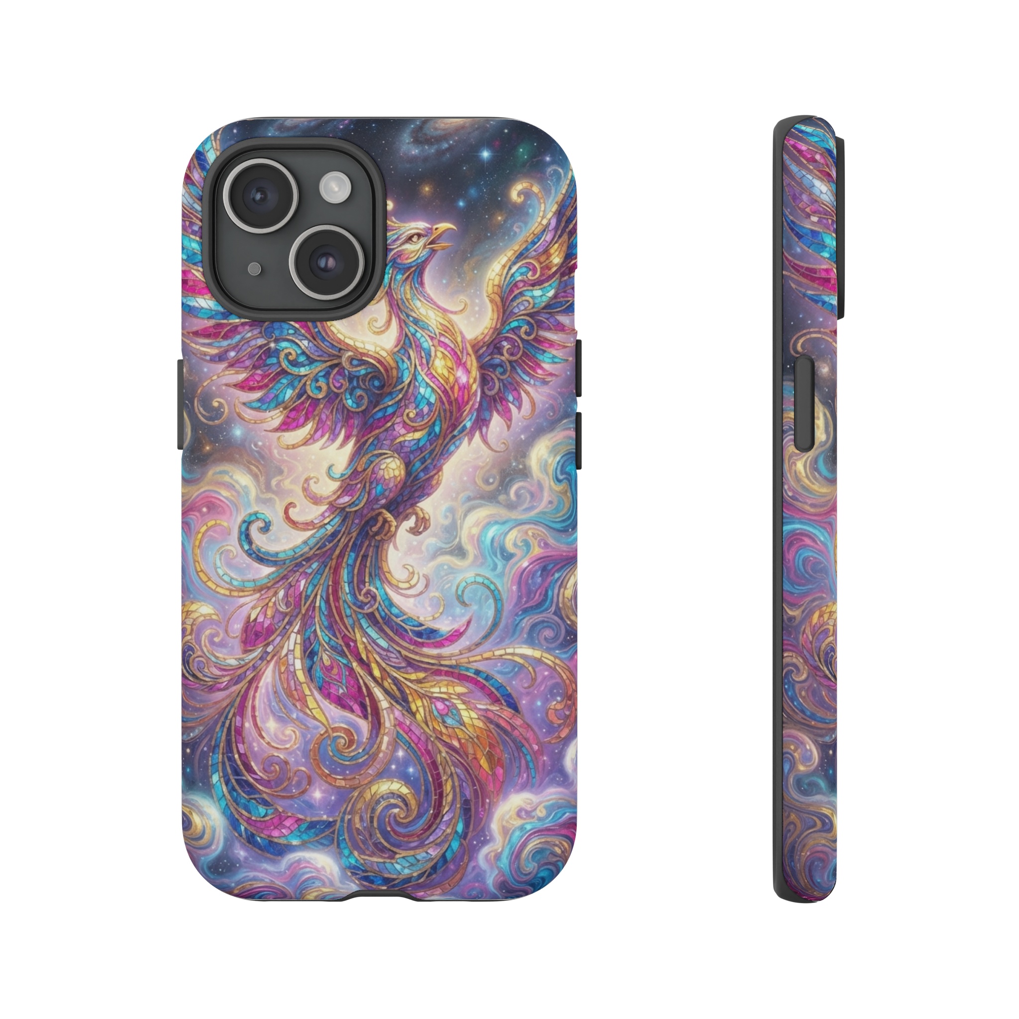 A vibrant phoenix rises from swirling psychedelic marbled clouds, its feathers rendered in mosaic Art Nouveau tiles with flowing organic lines, the palette exploding in electric blues, magentas and golds under soft, luminous light.
