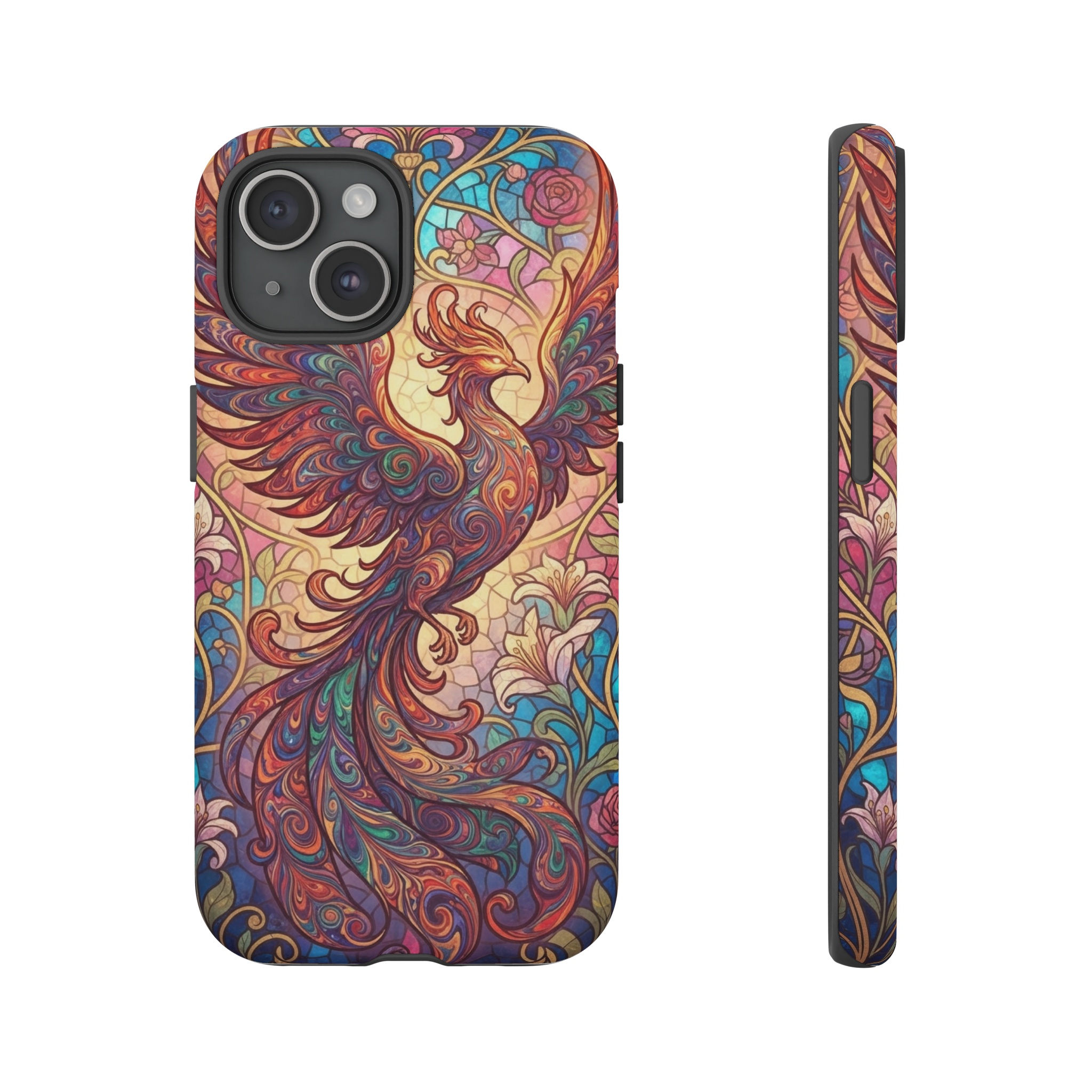 A vibrant phoenix, its feathers swirling in psychedelic ebru marbling patterns, is set against a tessellated Art Nouveau background of flowing, mosaicked vines and stylized blossoms in jewel‑tone blues, pinks, and golds, illuminated by soft, warm light that highlights the intricate swirls.