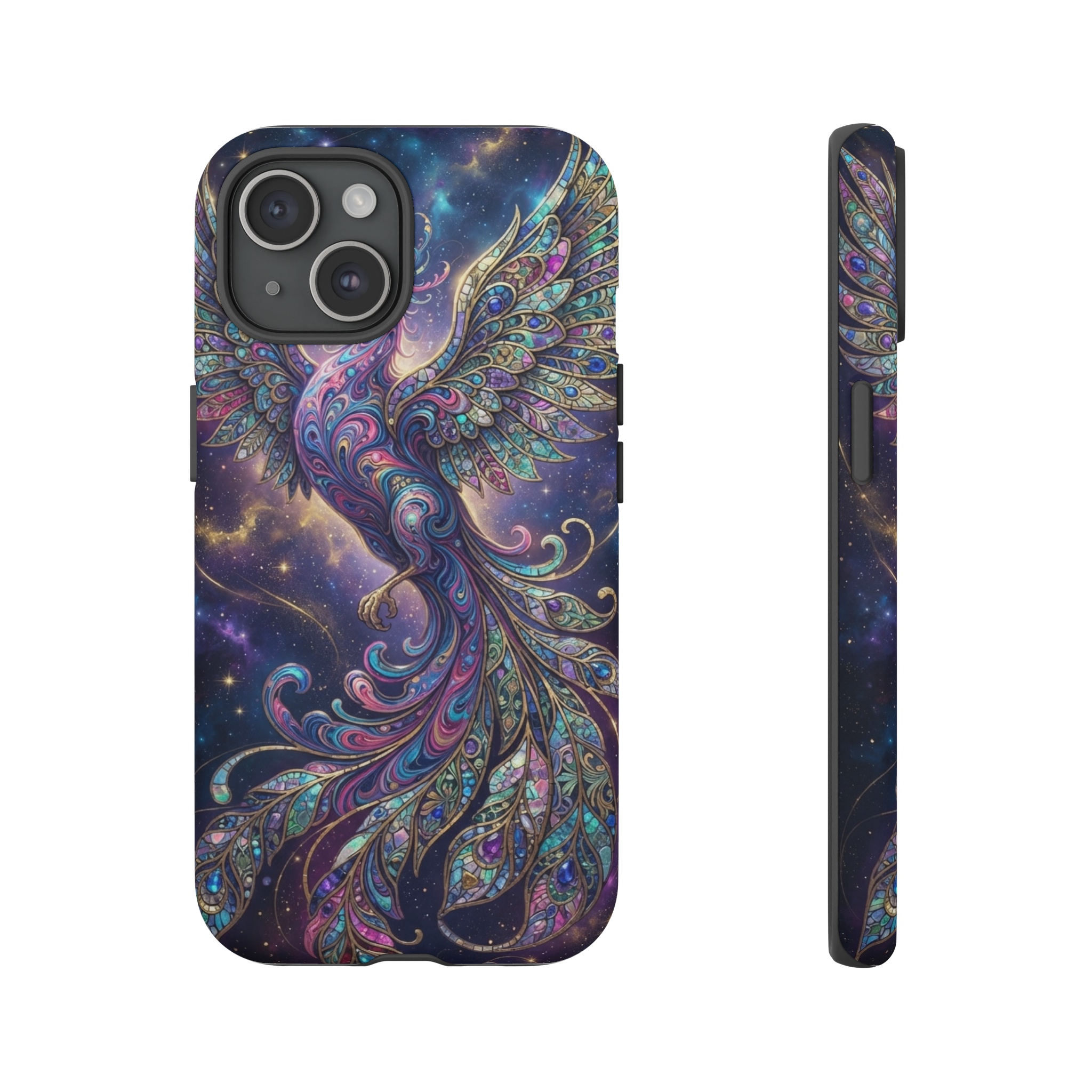 A phoenix composed of swirling psychedelic ebru marbling patterns rendered in iridescent blues, pinks and violets, its feathers fragmented into intricate Art Nouveau mosaic tiles with flowing, organic outlines against a dark, luminous backdrop.