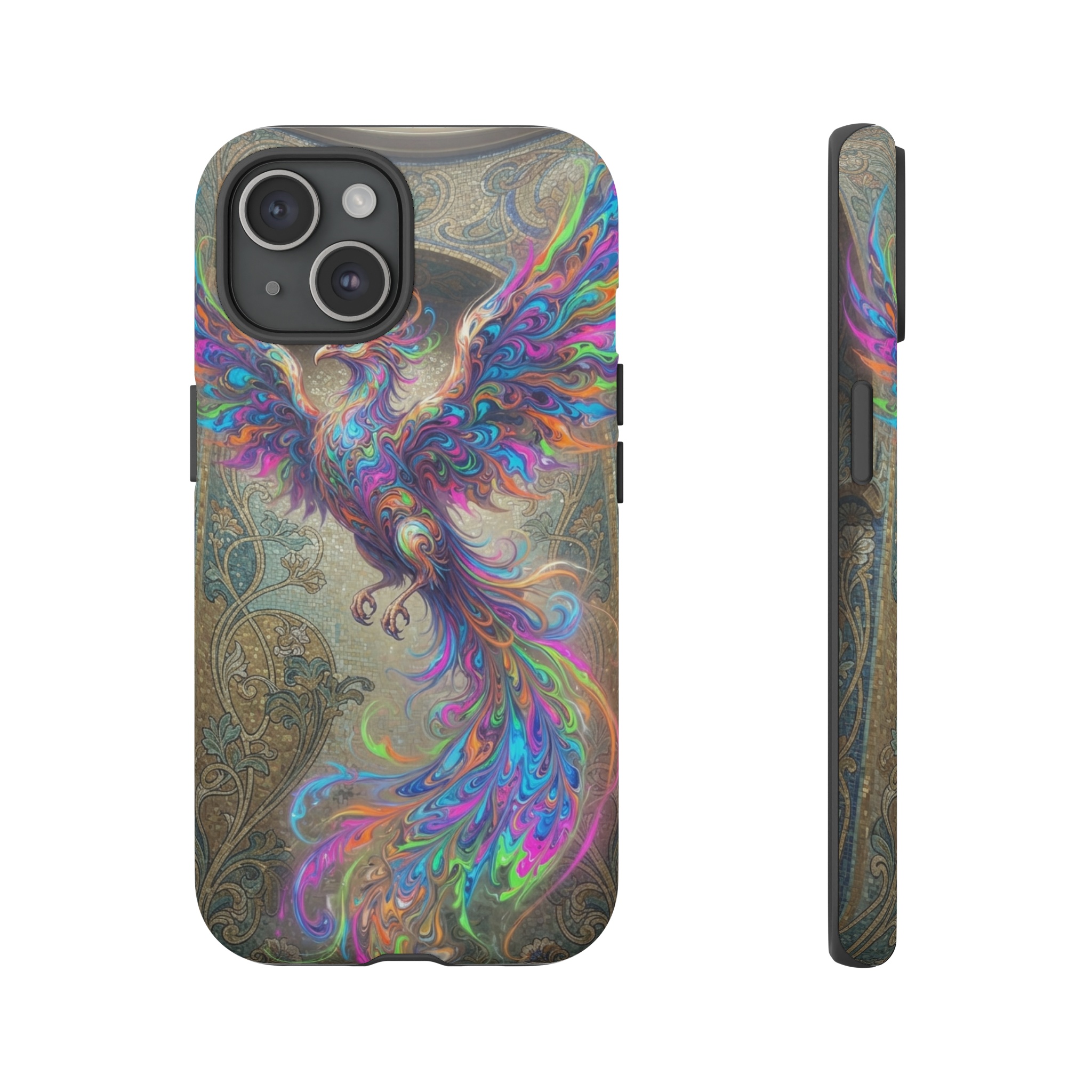 A soaring phoenix rendered in swirling psychedelic ebru marbling patterns, its fiery feathers composed of bright blues, magentas, and neon greens, set against a background of intricate Art Nouveau mosaics with flowing organic vines and stylized floral motifs in muted gold and teal, illuminated by soft, diffused light that highlights the glossy marble textures.