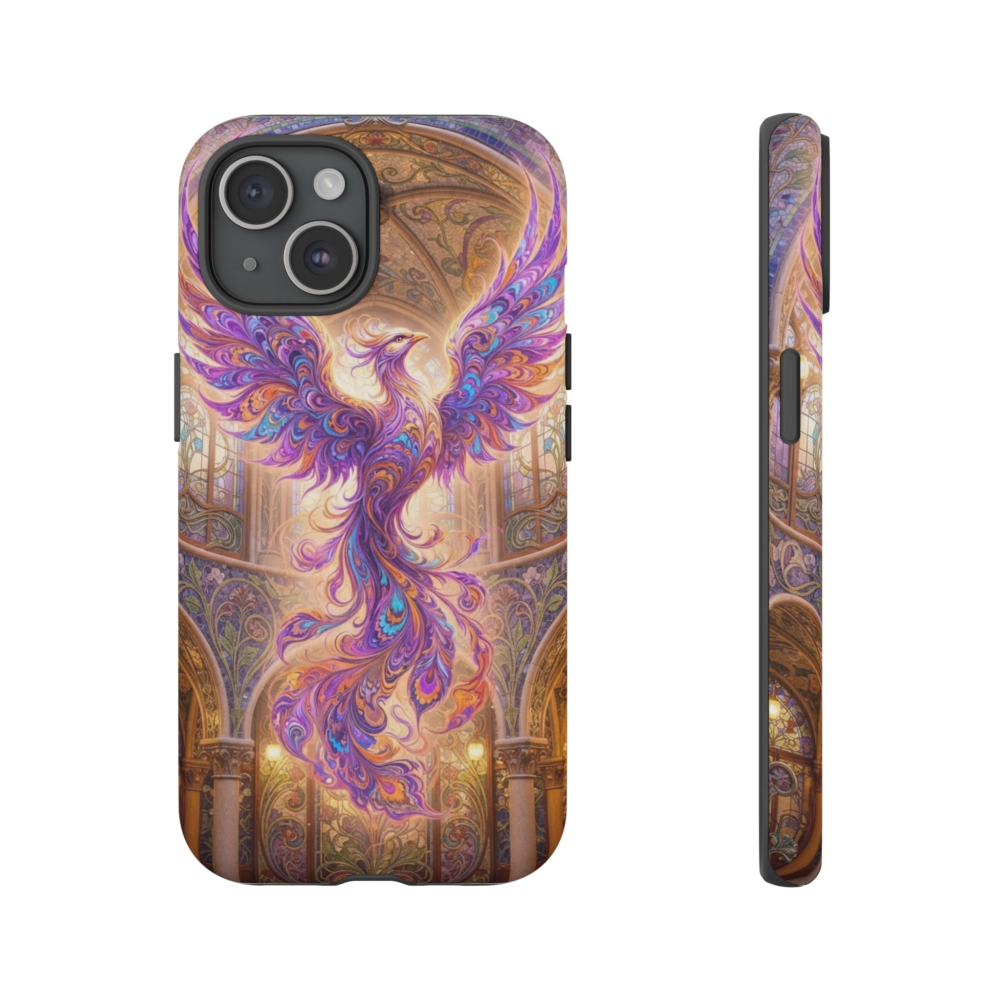 A phoenix composed of swirling psychedelic ebru marbled patterns rises amid a mosaic of sinuous Art Nouveau leaves and arches, rendered in vivid purples, electric blues, and fiery oranges under soft golden light.