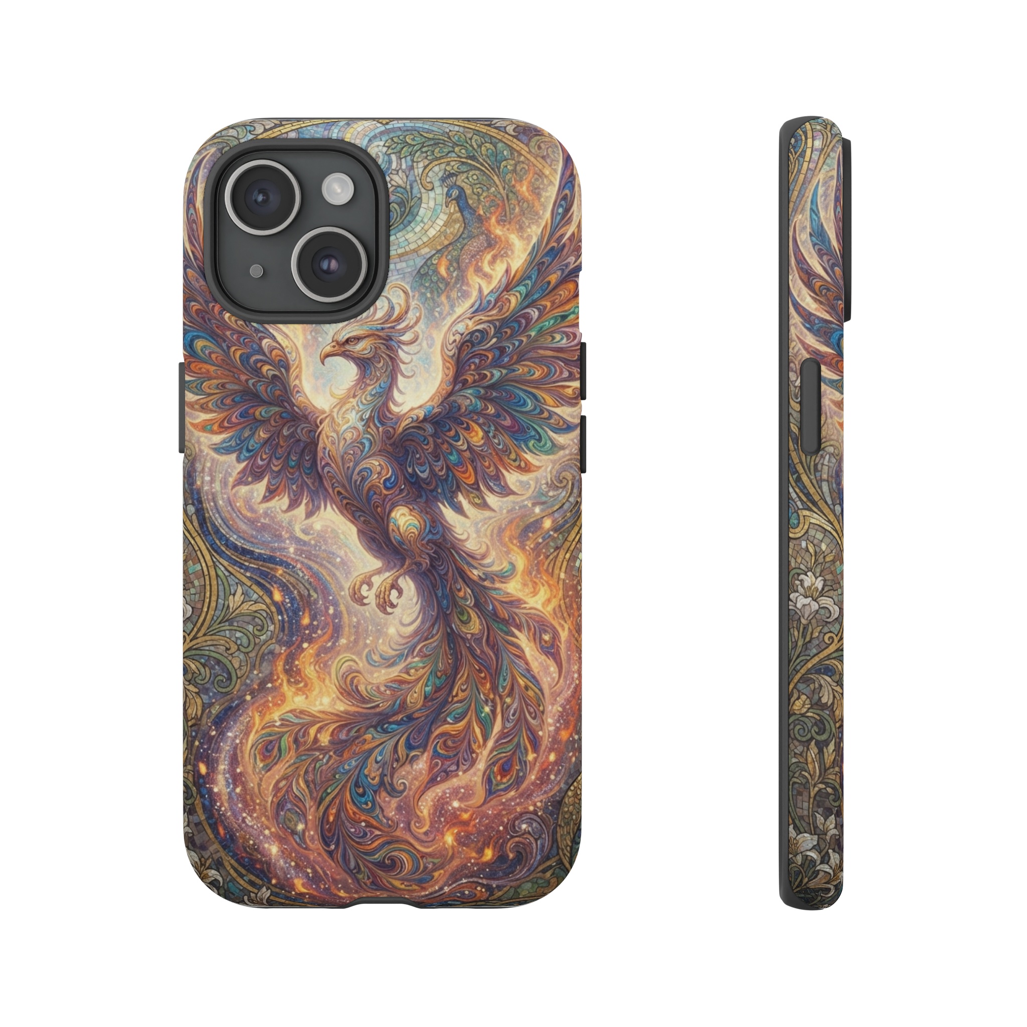 A phoenix rising in swirling psychedelic marbled patterns, its feathers formed from colorful ebru swirls, set against a backdrop of intricate Art Nouveau mosaics with flowing organic lines and gilded accents.